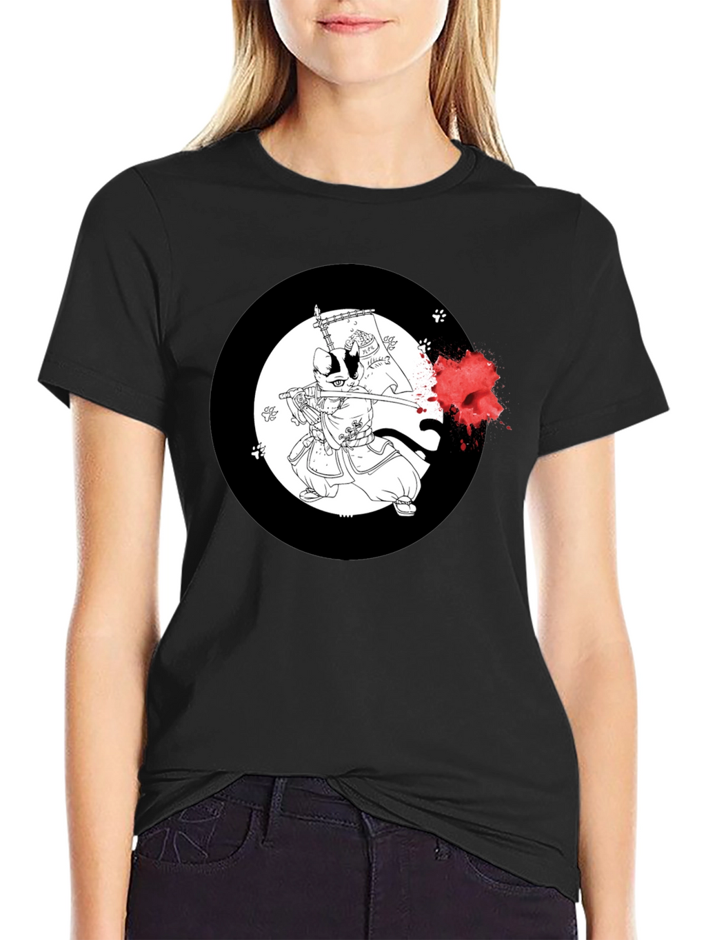 Samurai Cat T-Shirt - Black Cotton Graphic Tee