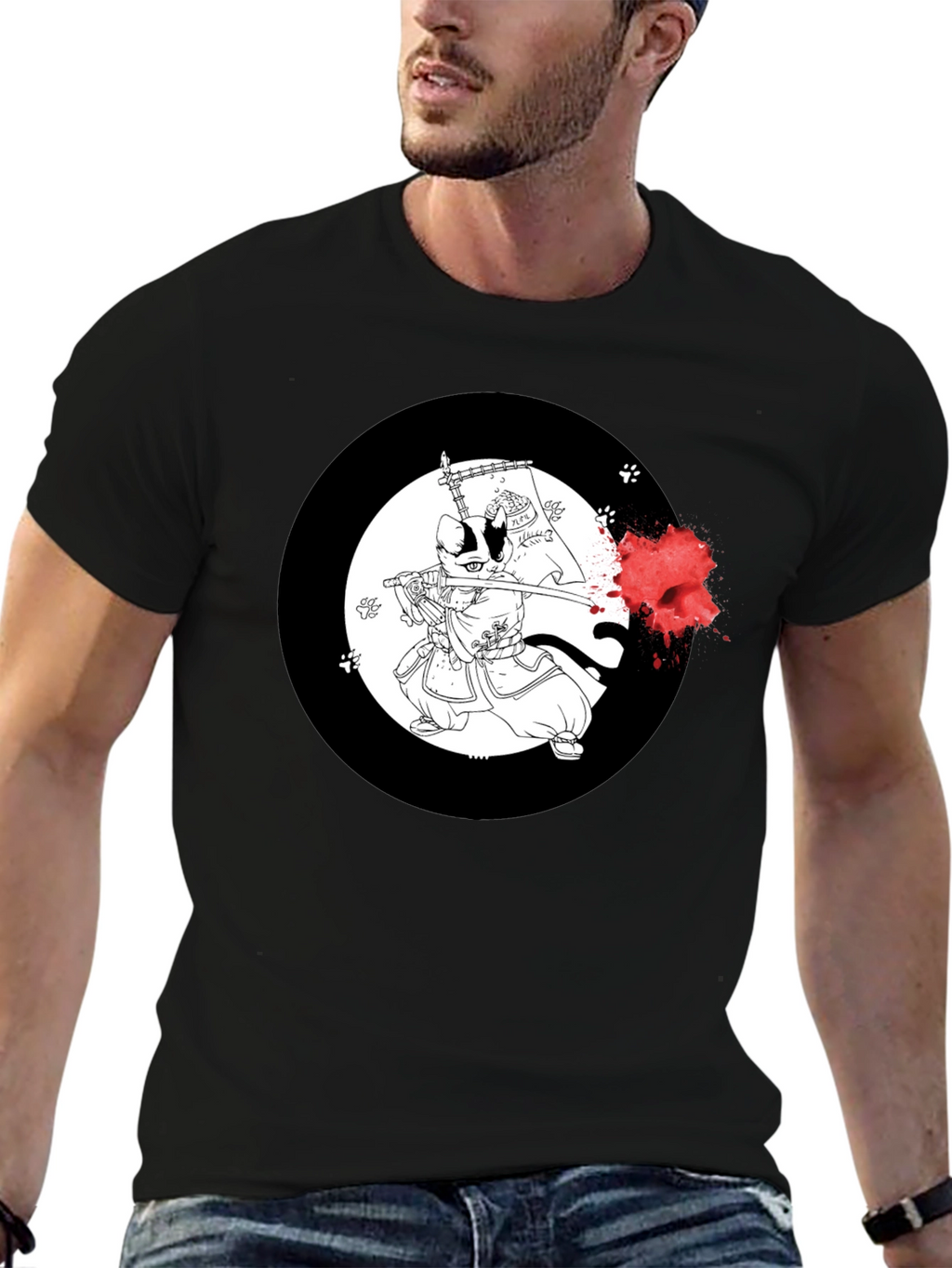 Samurai Cat T-Shirt - Black Cotton Graphic Tee