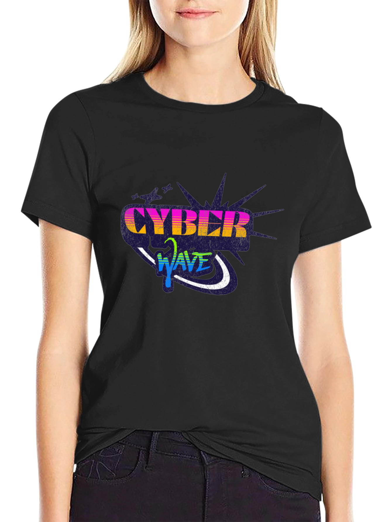 Cyber Wave Graphic Black T-Shirt