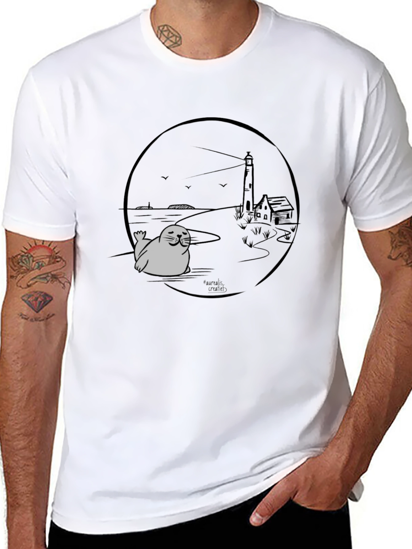 Seal Lighthouse Graphic Tee - Black Cotton T-Shirt