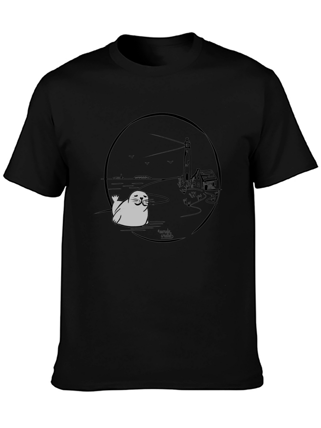 Seal Lighthouse Graphic Tee - Black Cotton T-Shirt