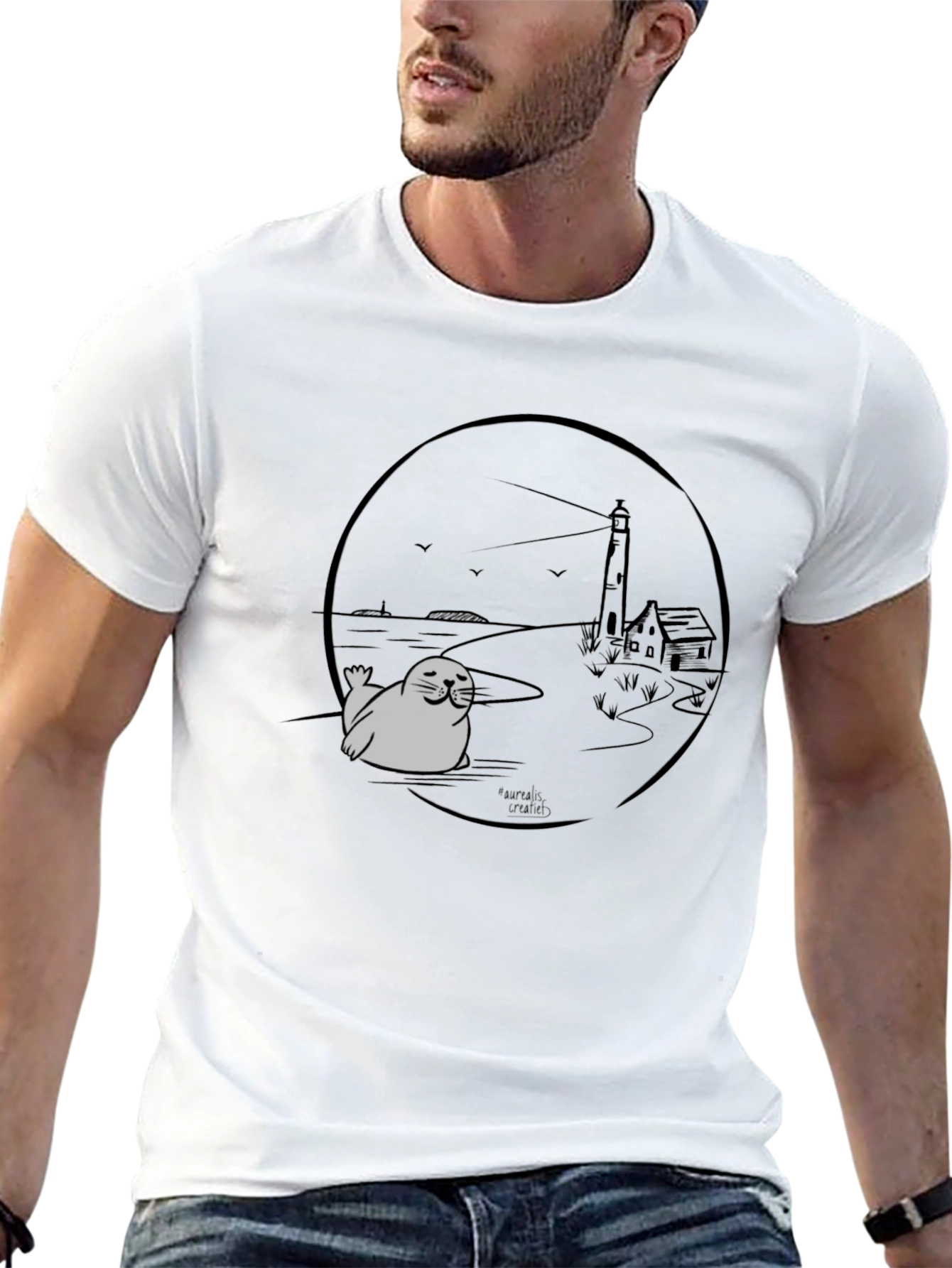 Seal Lighthouse Graphic Tee - Black Cotton T-Shirt