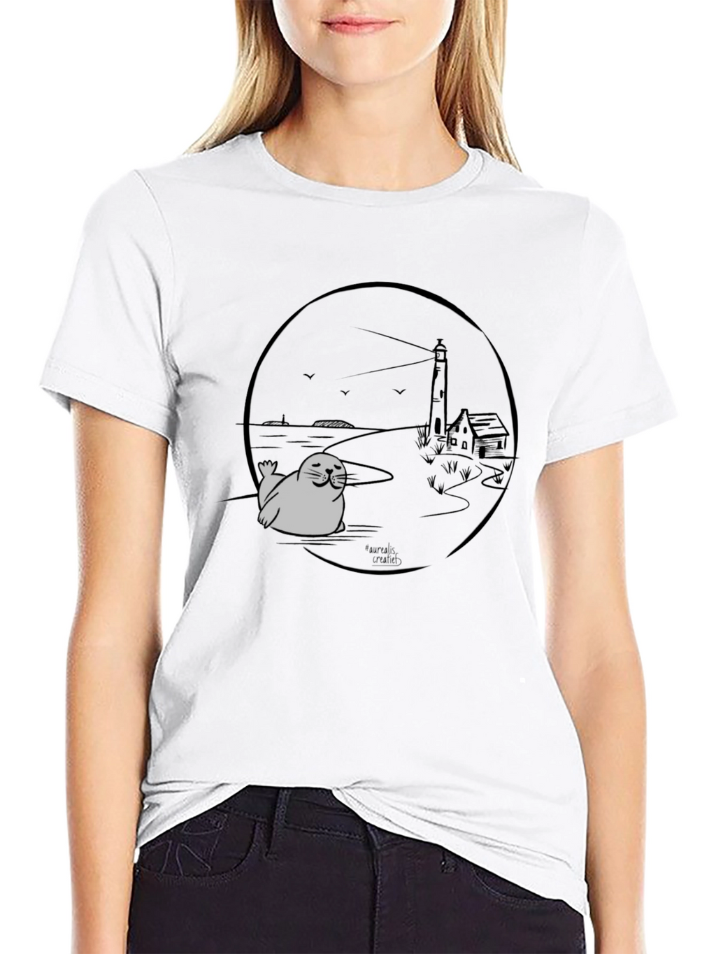 Seal Lighthouse Graphic Tee - Black Cotton T-Shirt