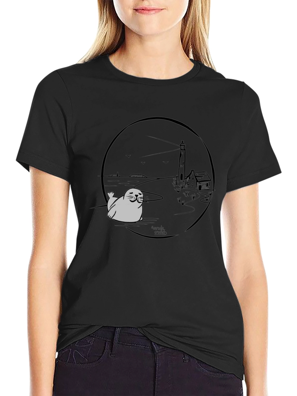 Seal Lighthouse Graphic Tee - Black Cotton T-Shirt