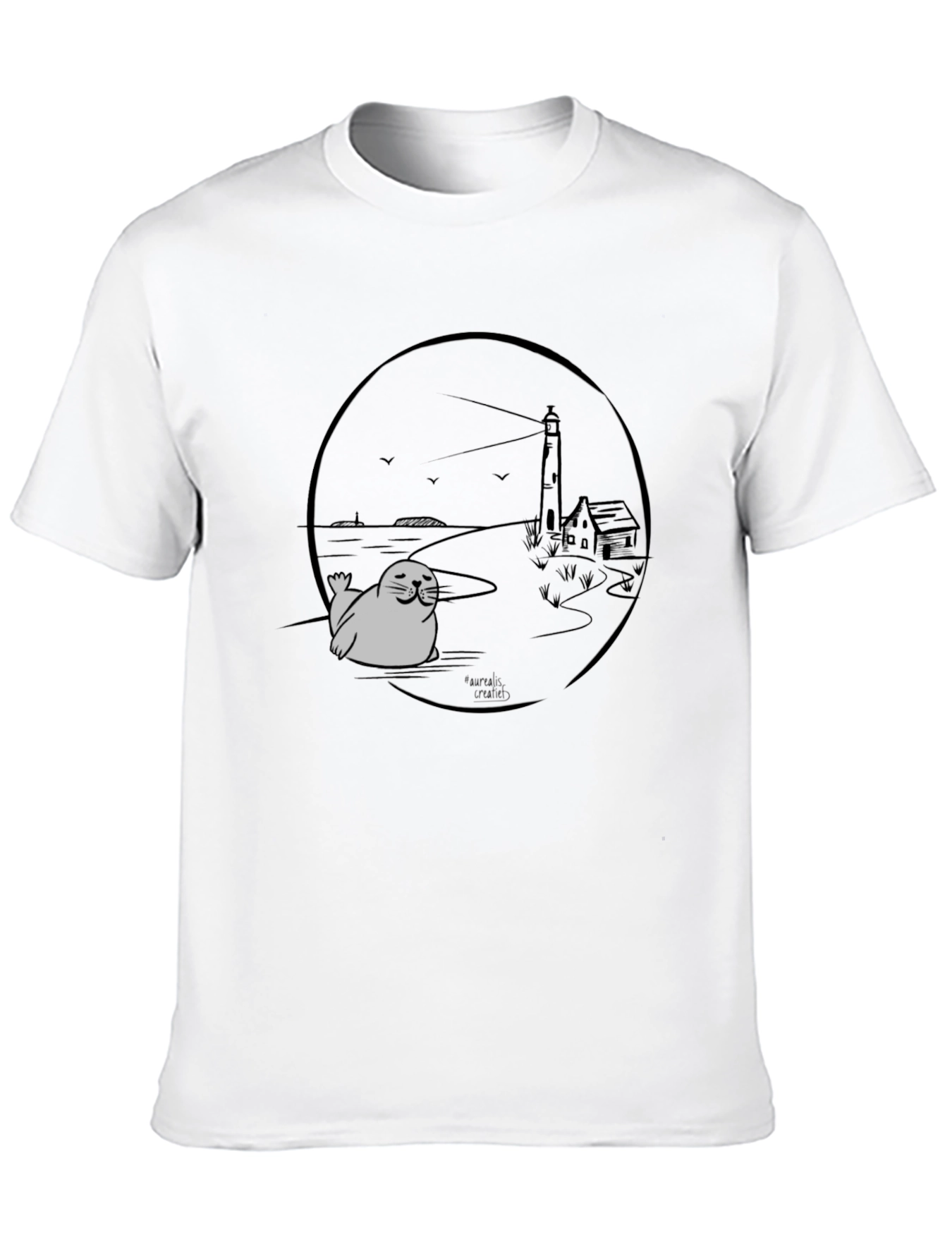 Seal Lighthouse Graphic Tee - Black Cotton T-Shirt