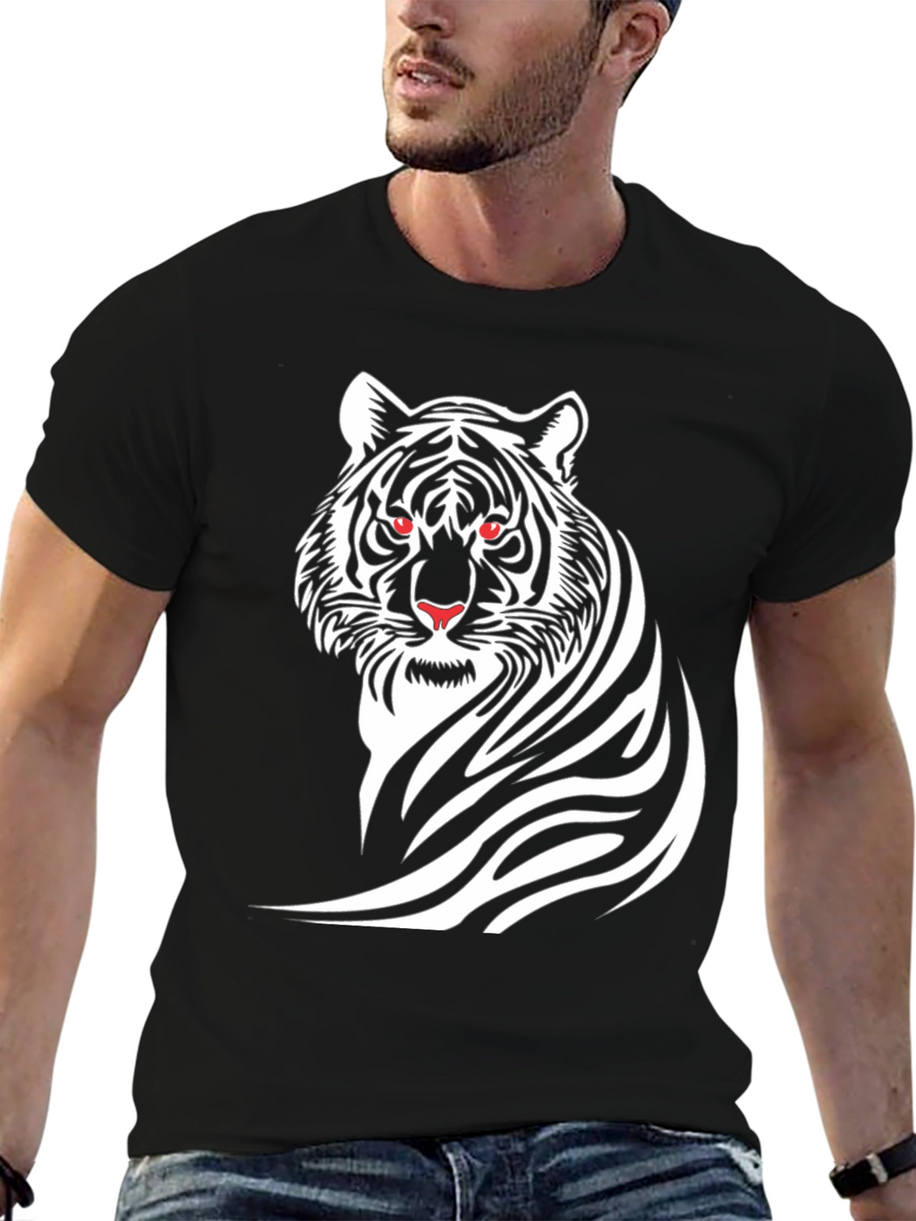 Bold Tiger Graphic Tee - Black Cotton T-Shirt
