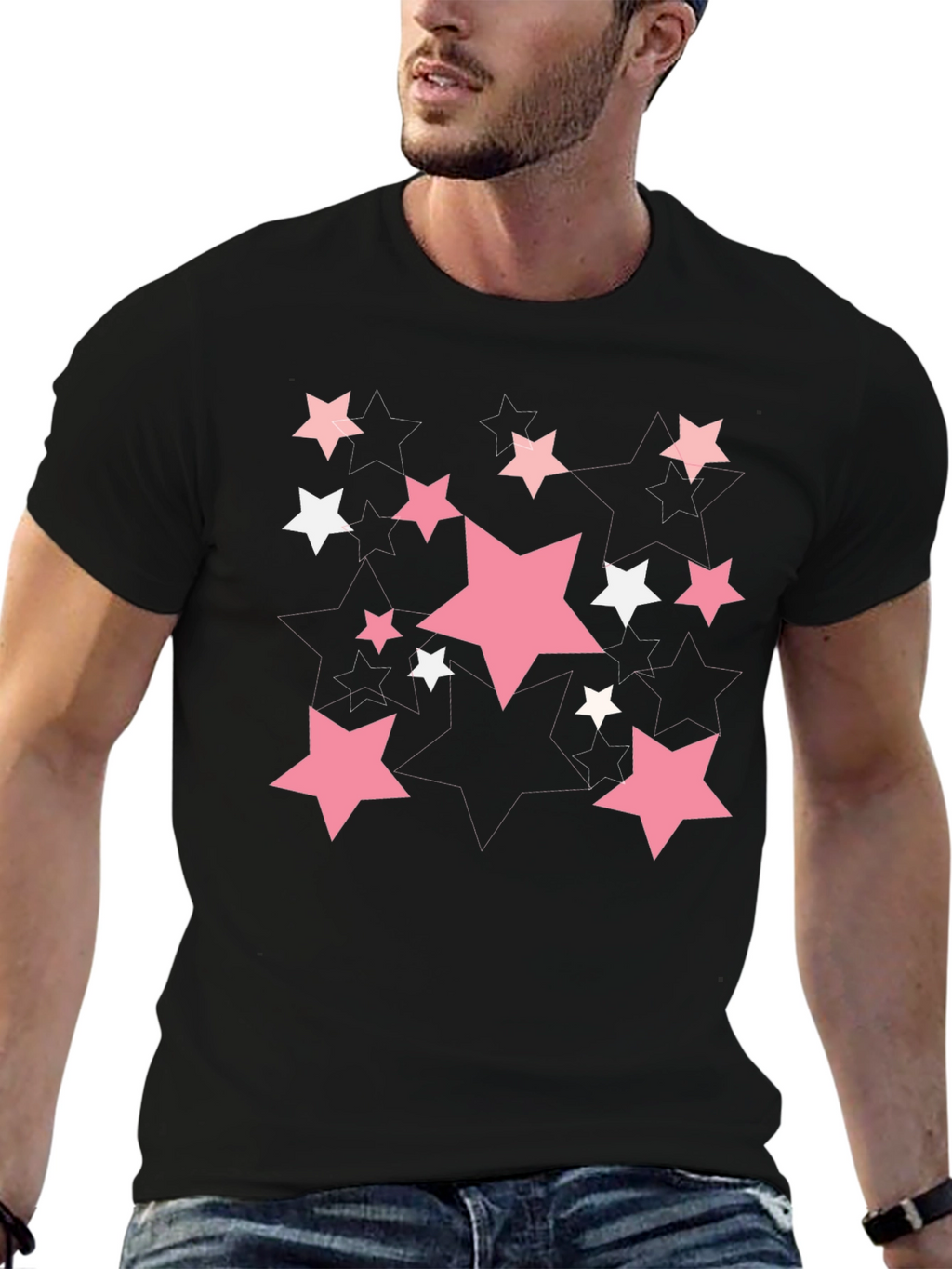Starry Graphic Print T-Shirt - Casual Black Tee