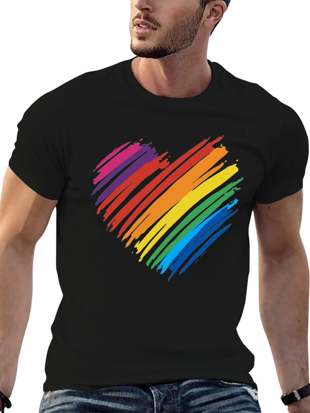Rainbow Heart Graphic T-Shirt - Black Cotton Blend