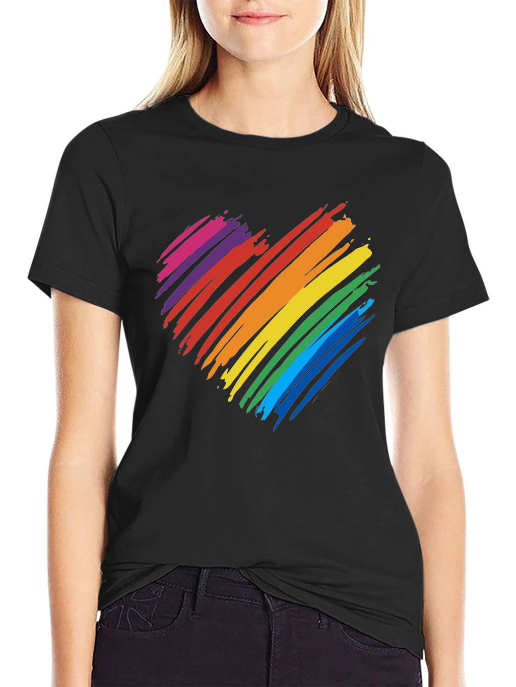 Rainbow Heart Graphic T-Shirt - Black Cotton Blend