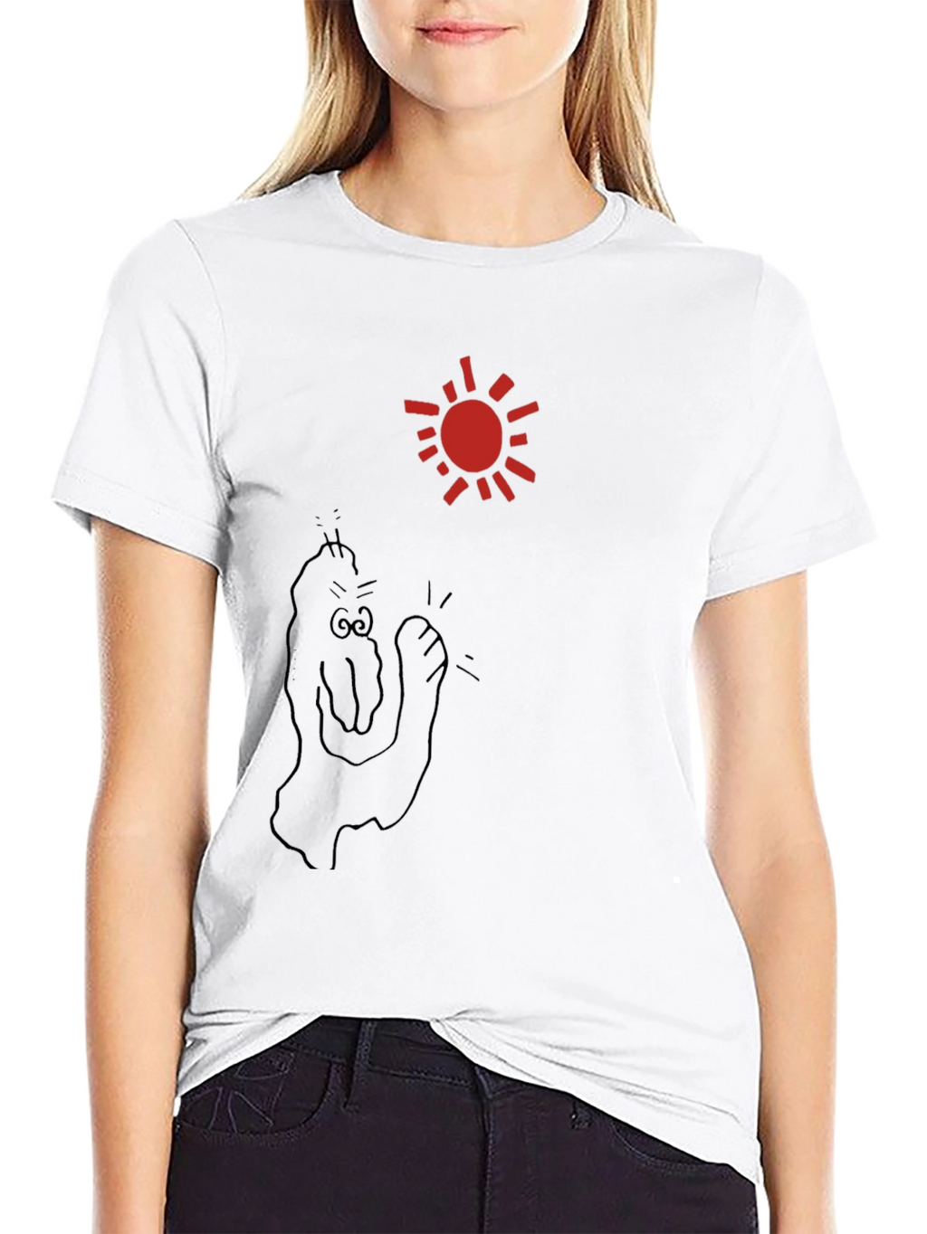 Black T-Shirt with Cartoon Sun and Figure
