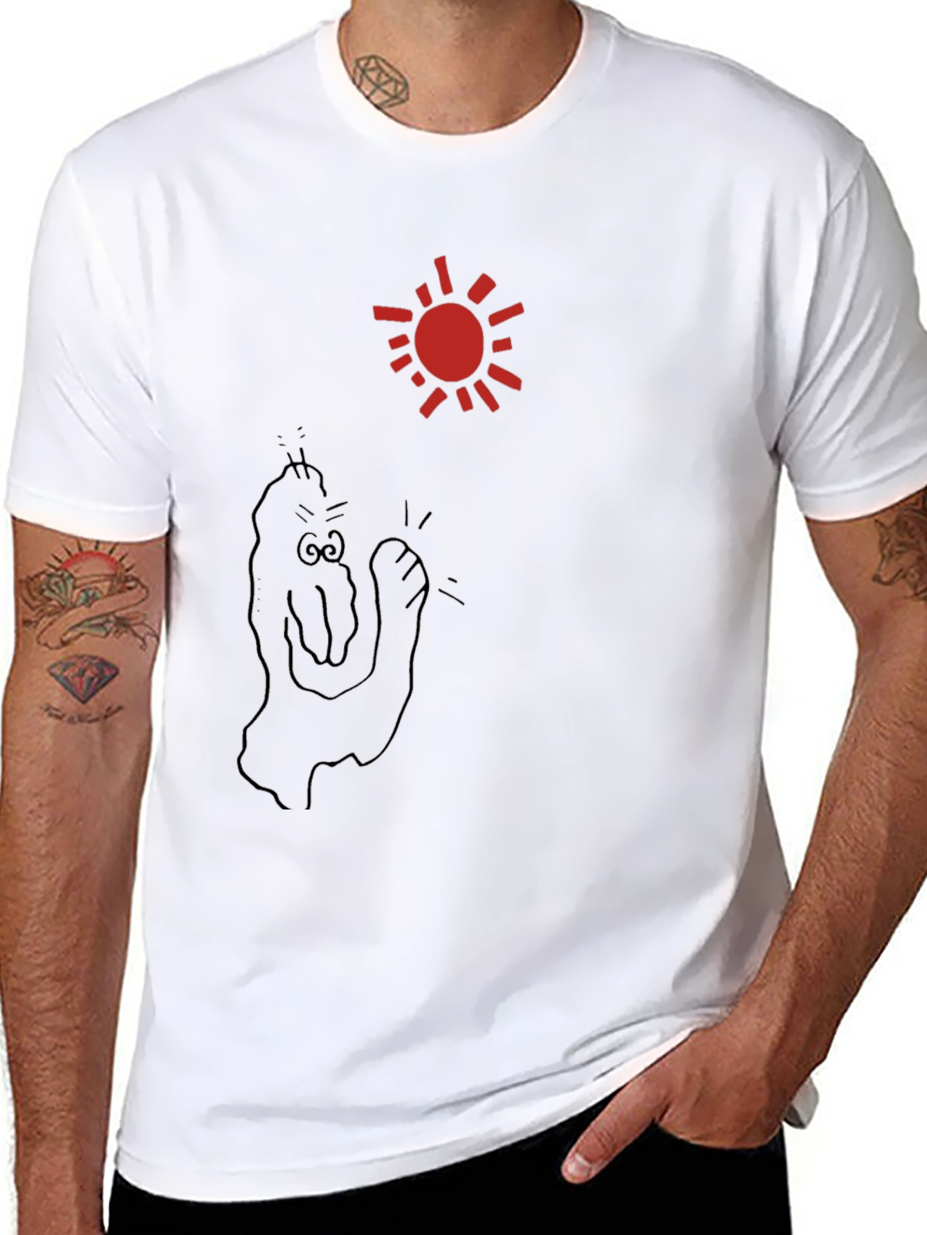 Black T-Shirt with Cartoon Sun and Figure