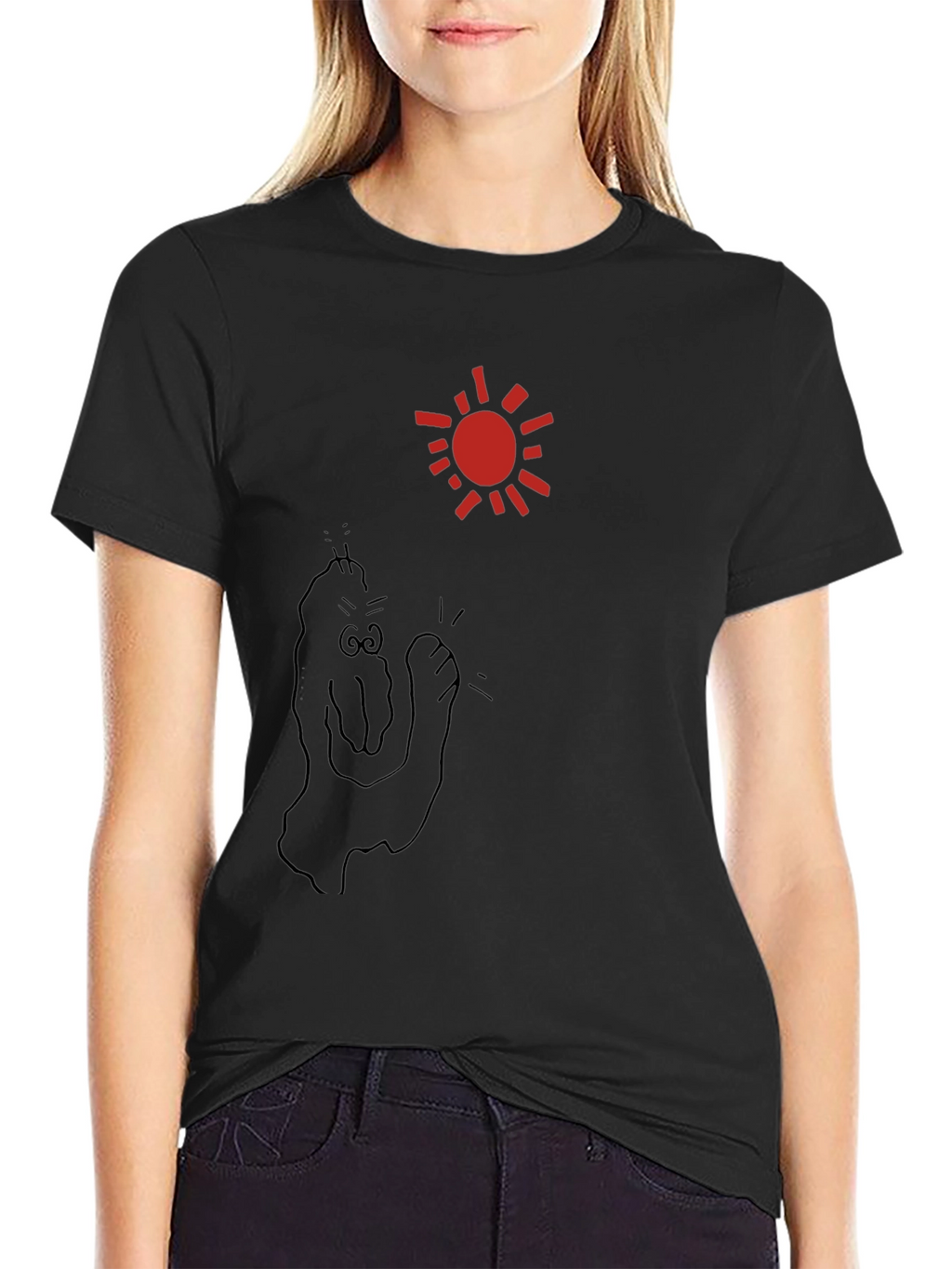 Black T-Shirt with Cartoon Sun and Figure