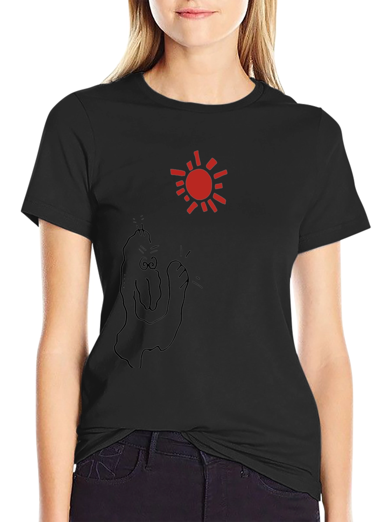 Black T-Shirt with Cartoon Sun and Figure