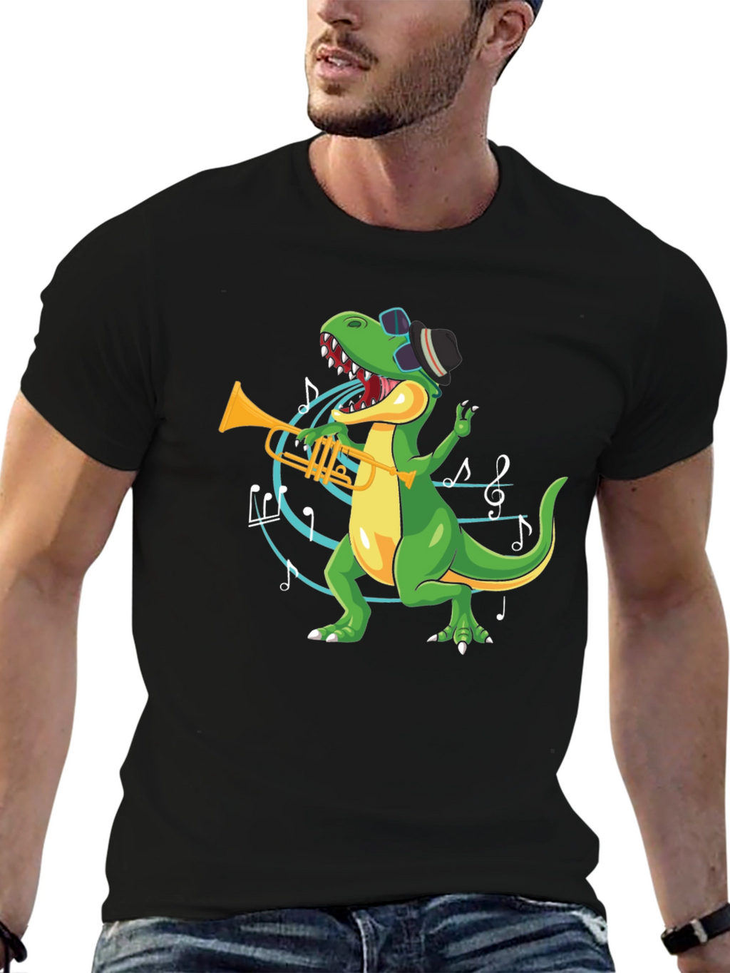 Dino Trumpet Player Black T-Shirt