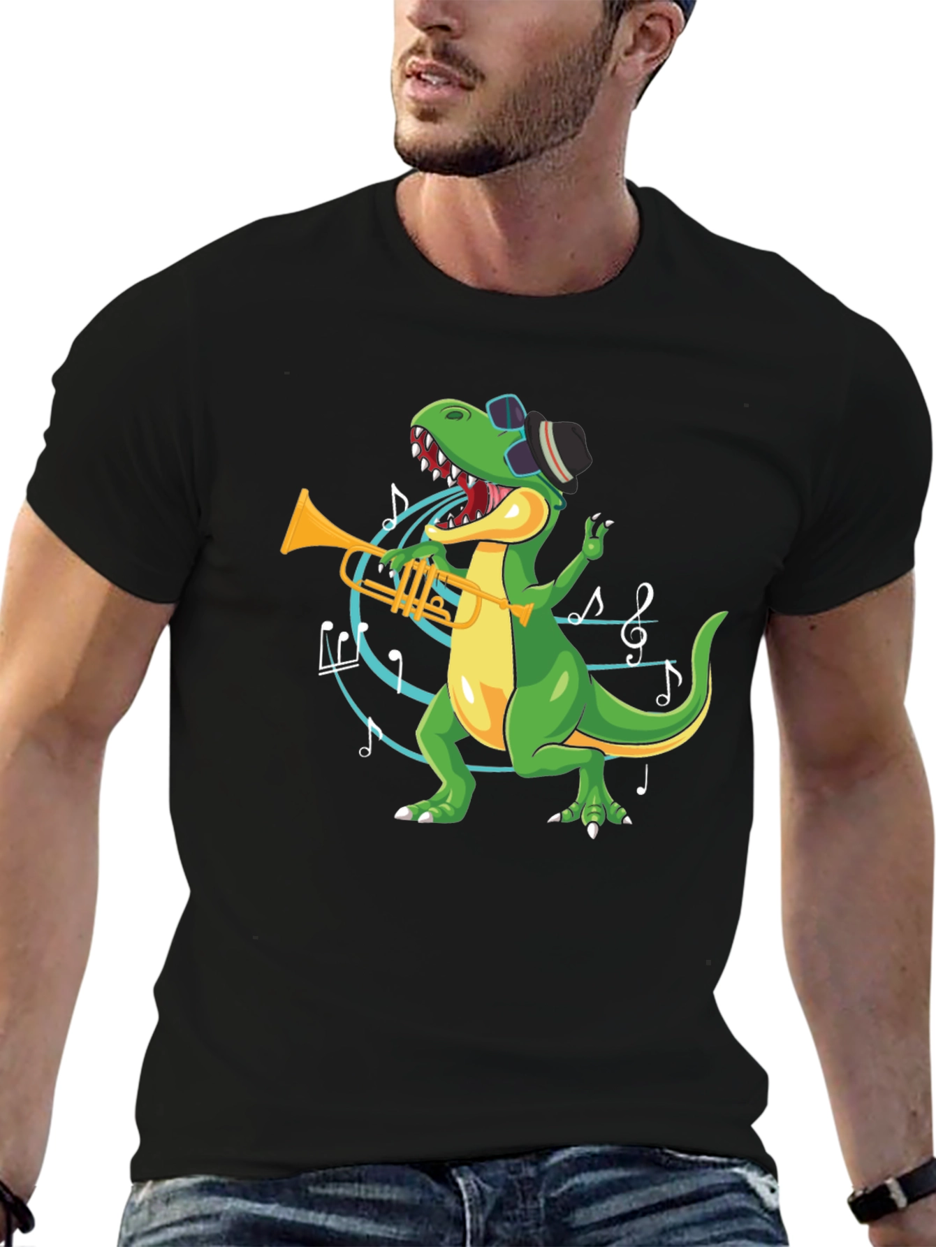 Dino Trumpet Player Black T-Shirt