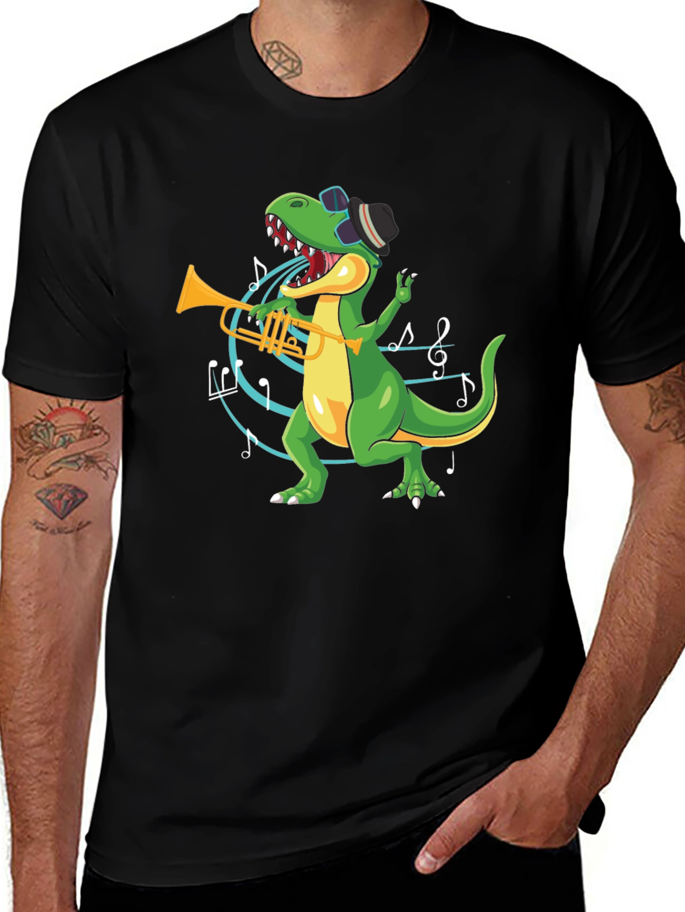 Dino Trumpet Player Black T-Shirt