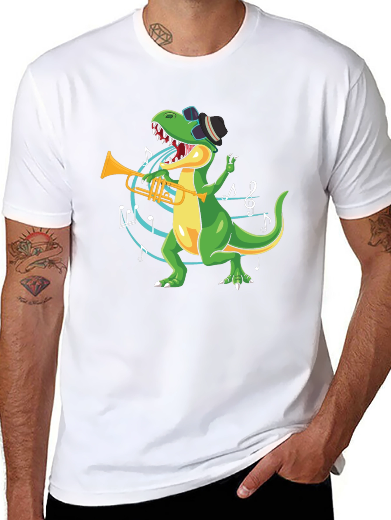Dino Trumpet Player Black T-Shirt
