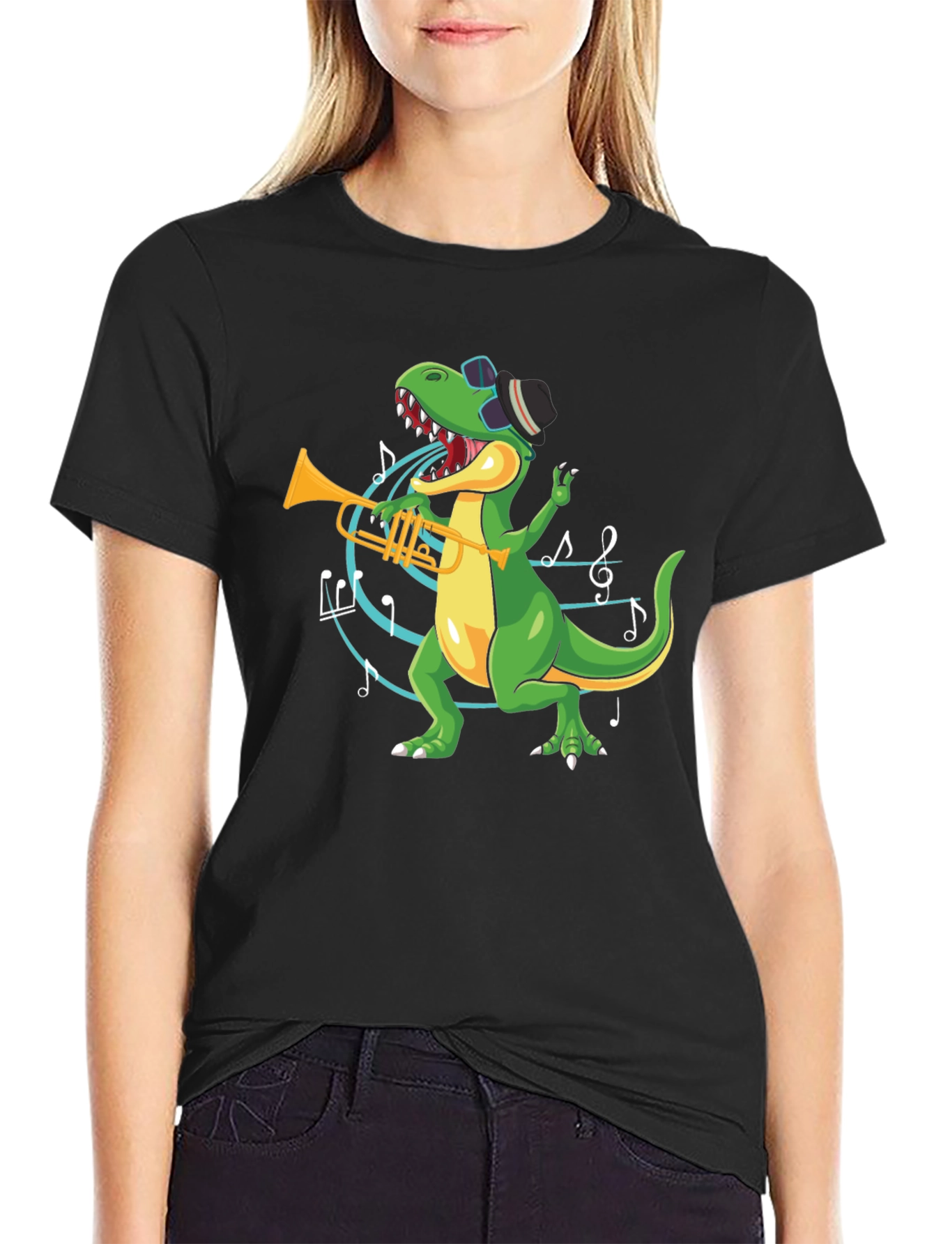 Dino Trumpet Player Black T-Shirt