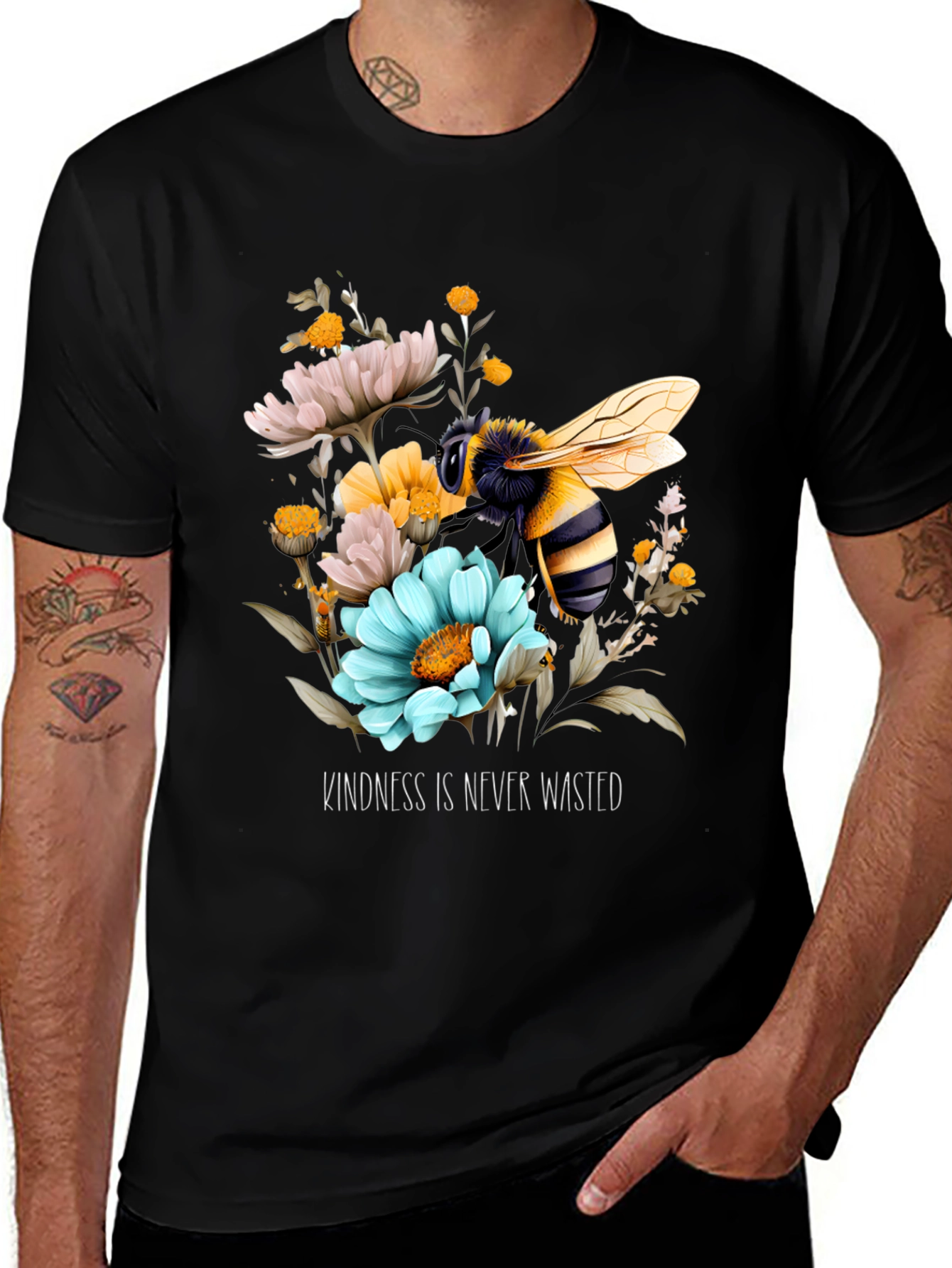 Kindness Bee Graphic Tee - Black Floral Design