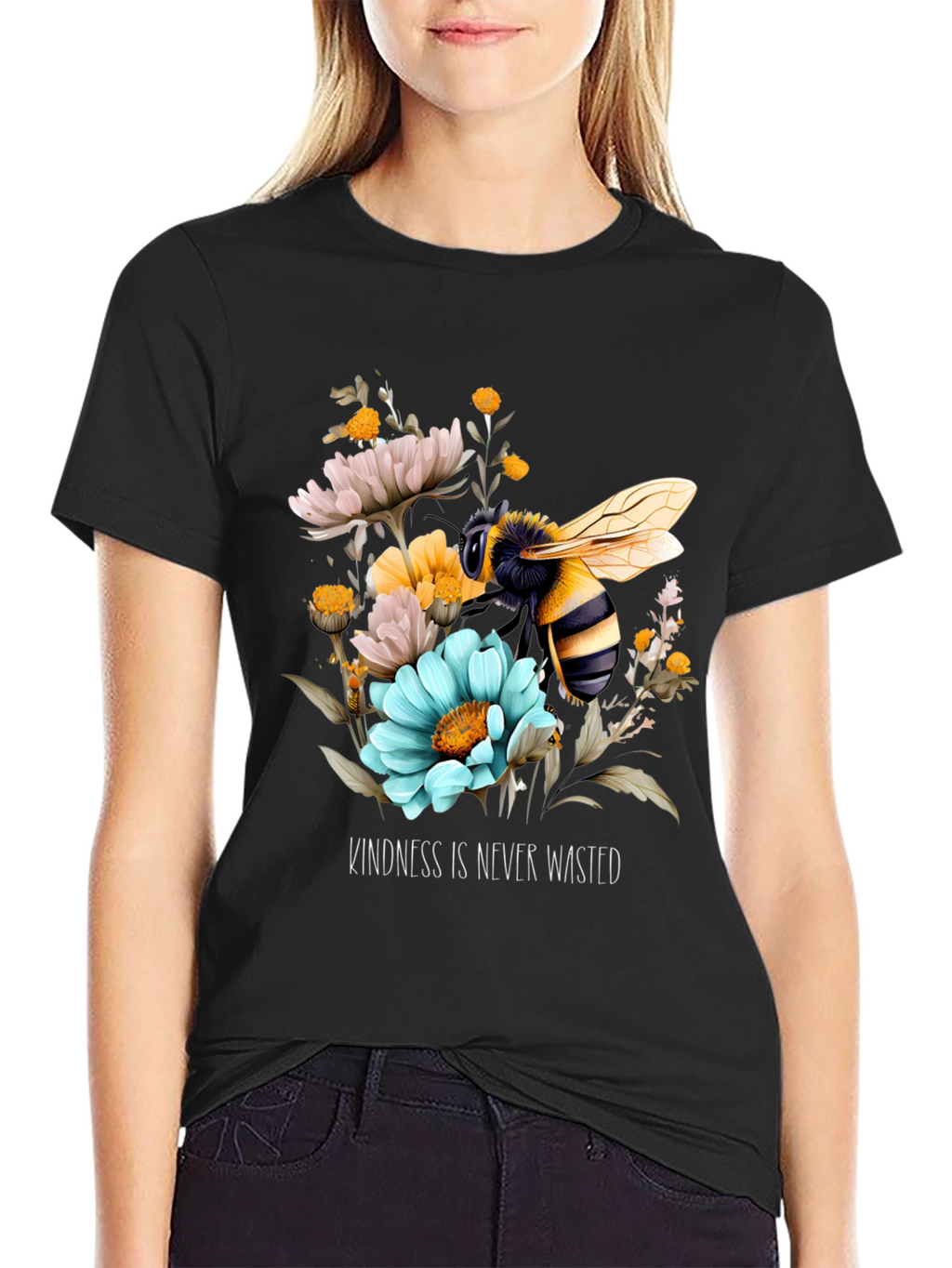 Kindness Bee Graphic Tee - Black Floral Design