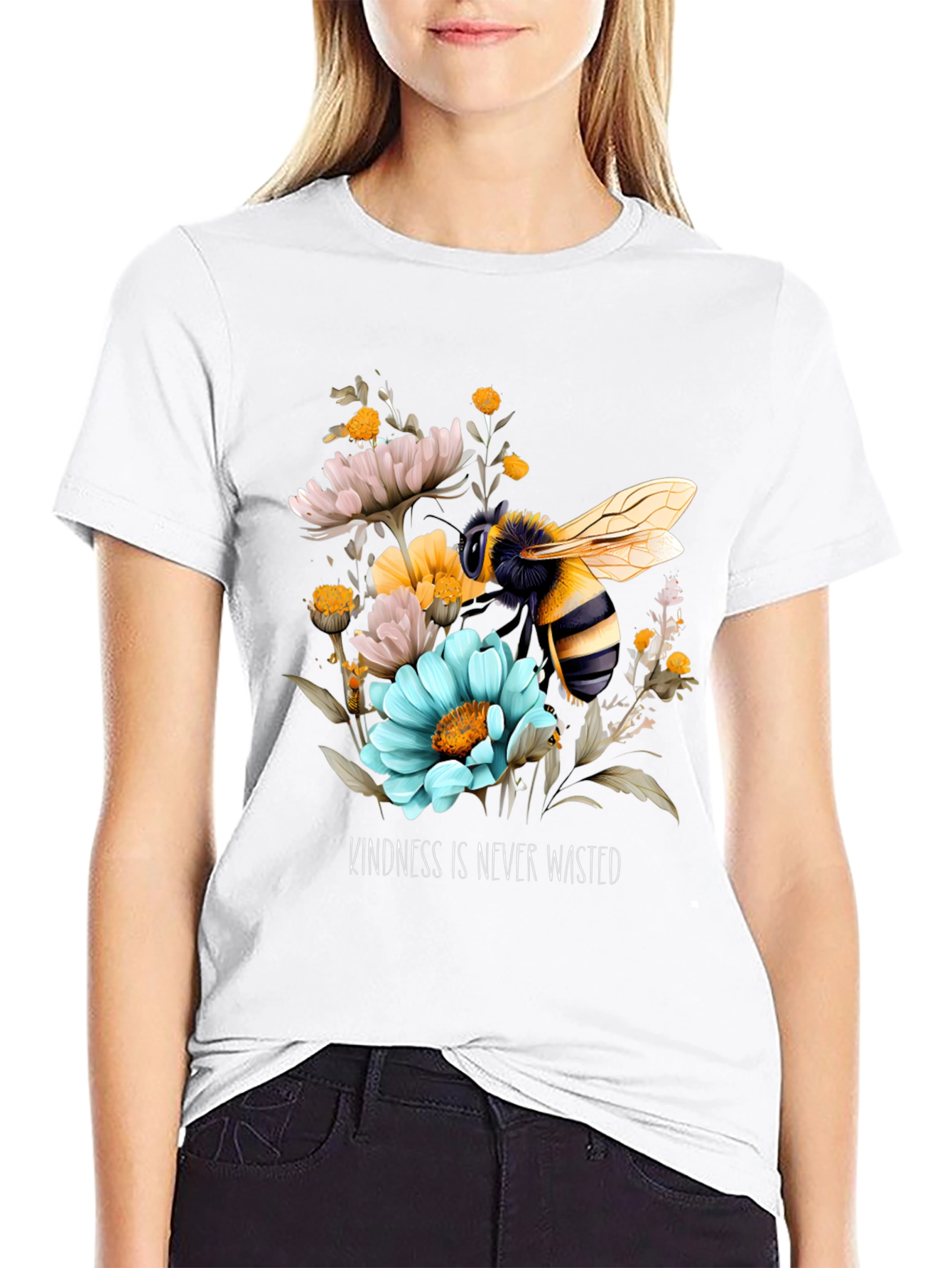 Kindness Bee Graphic Tee - Black Floral Design