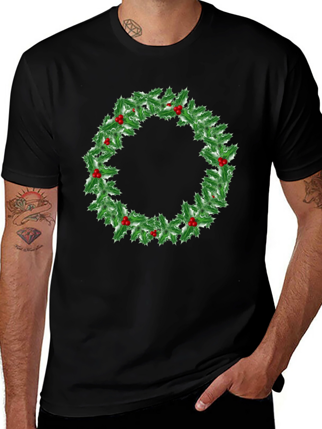 Holiday Holly Wreath Graphic Tee - Christmas Spirit