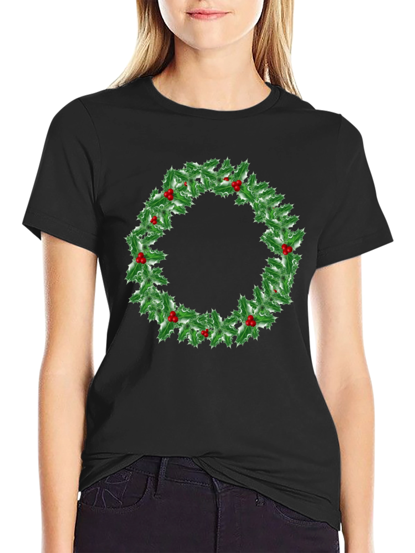 Holiday Holly Wreath Graphic Tee - Christmas Spirit