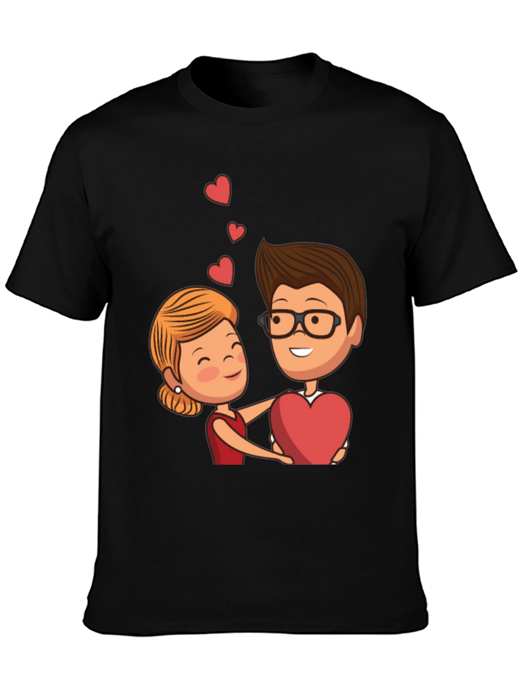 Cartoon Couple Heart Graphic Black T-Shirt