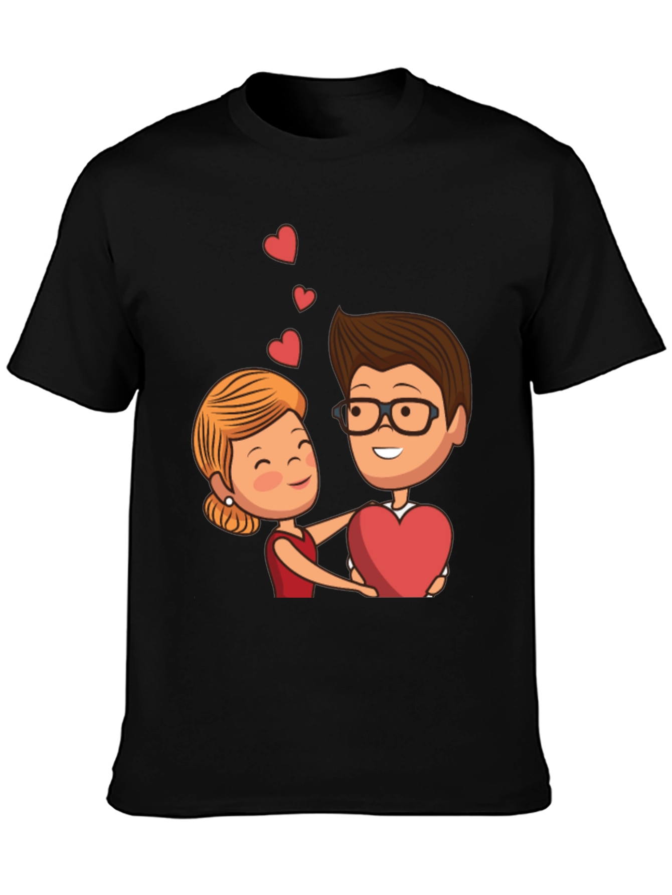 Cartoon Couple Heart Graphic Black T-Shirt
