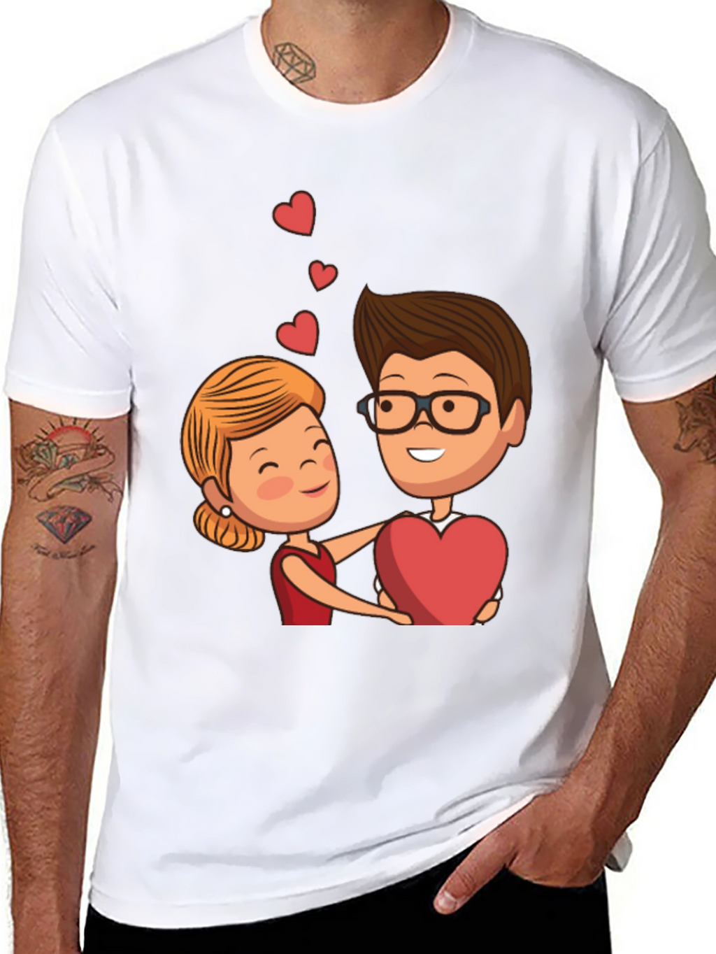 Cartoon Couple Heart Graphic Black T-Shirt