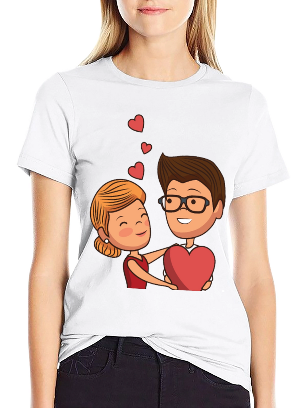 Cartoon Couple Heart Graphic Black T-Shirt