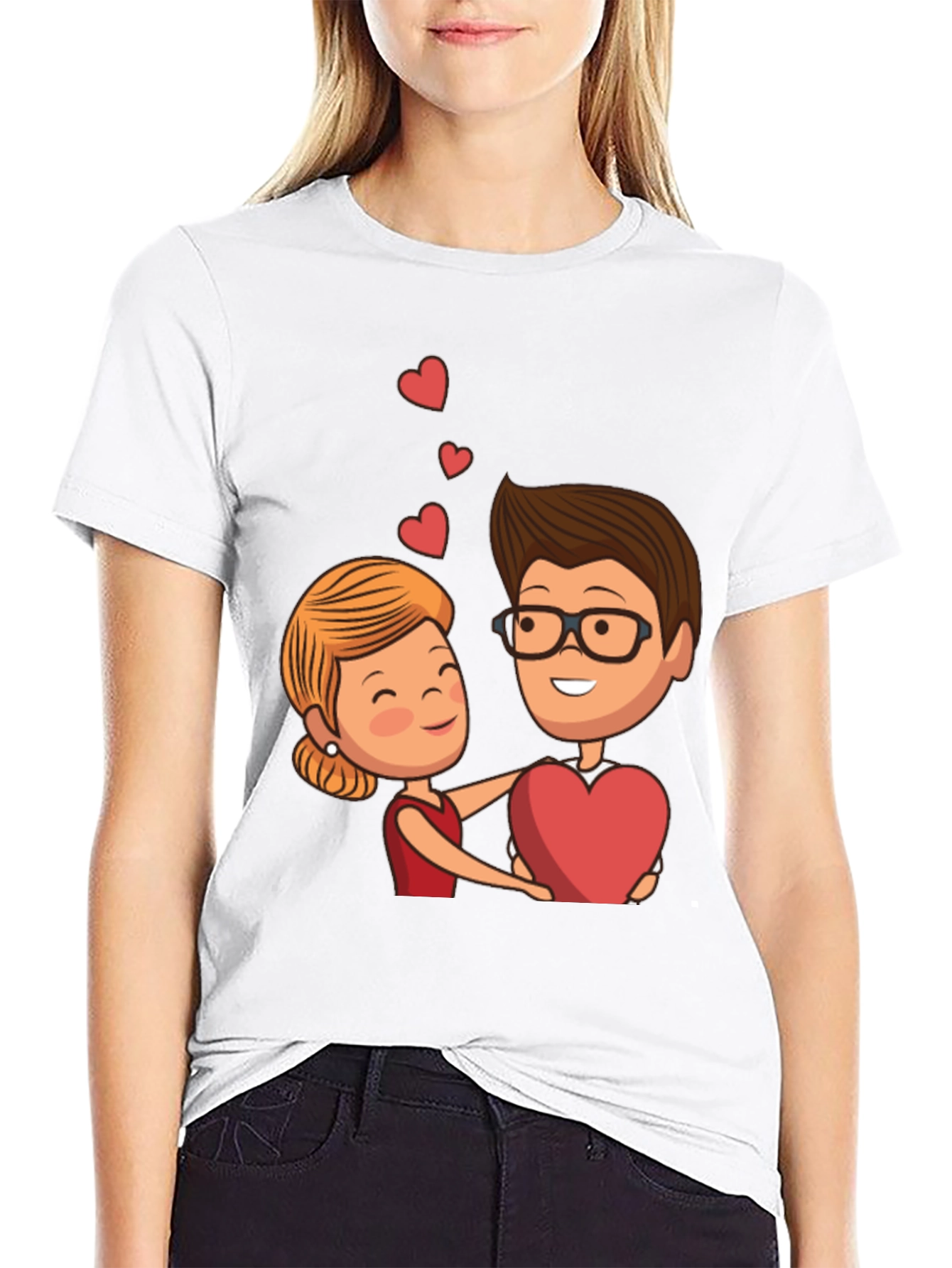 Cartoon Couple Heart Graphic Black T-Shirt