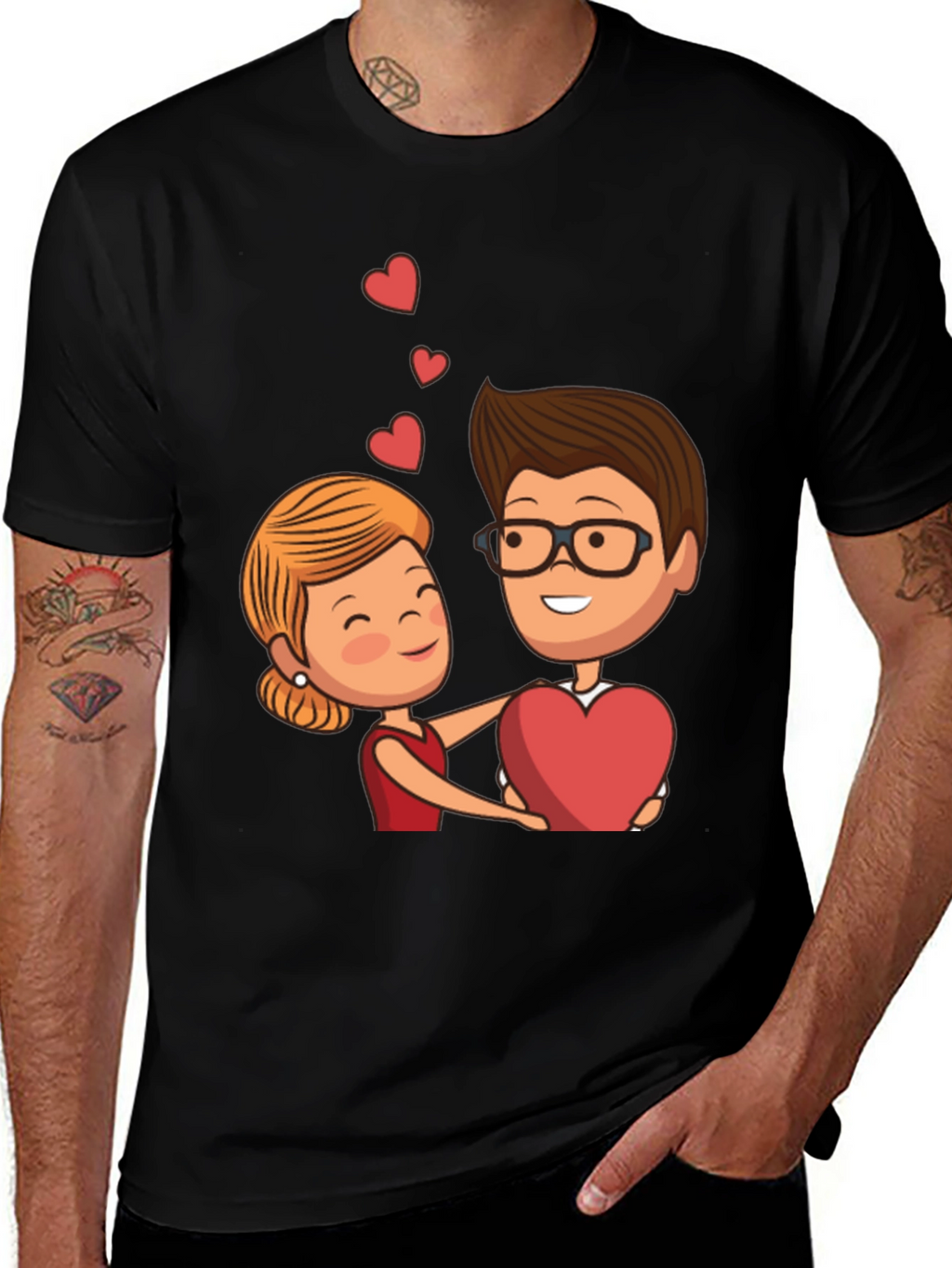 Cartoon Couple Heart Graphic Black T-Shirt