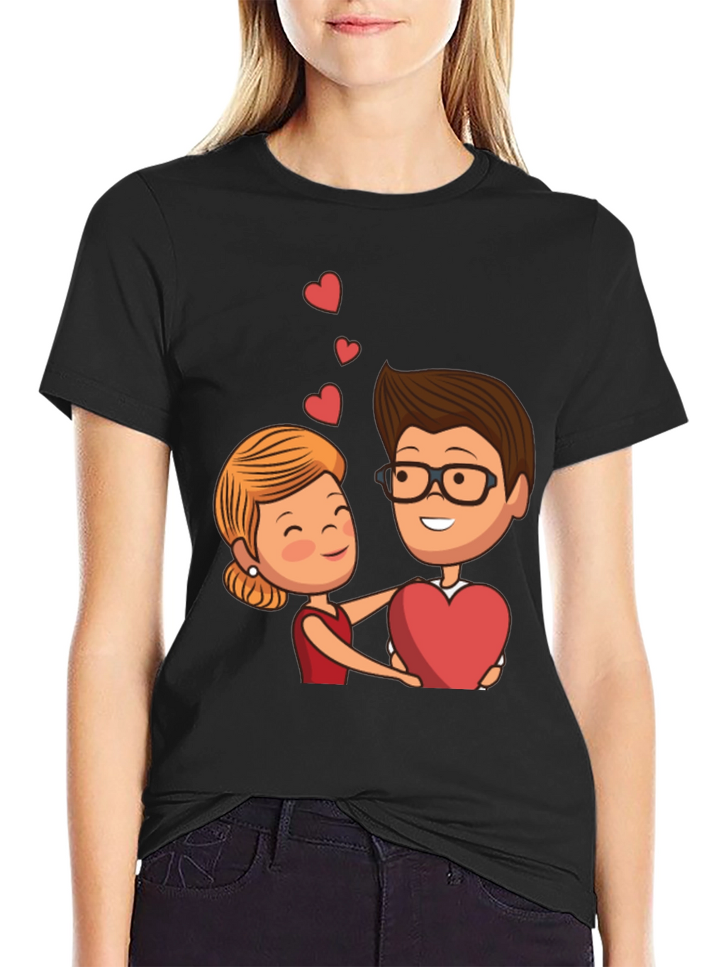 Cartoon Couple Heart Graphic Black T-Shirt