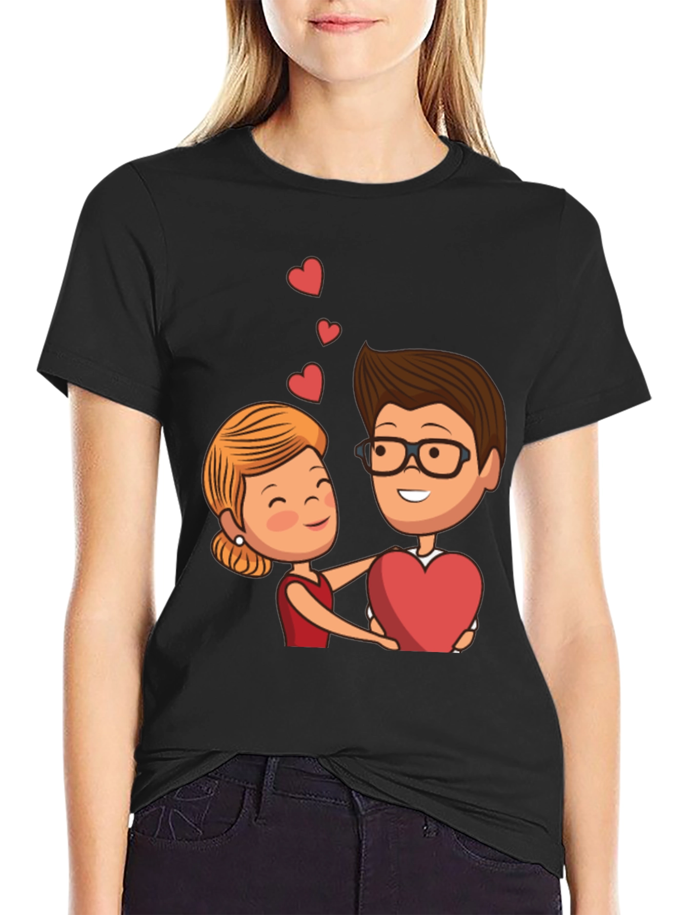 Cartoon Couple Heart Graphic Black T-Shirt