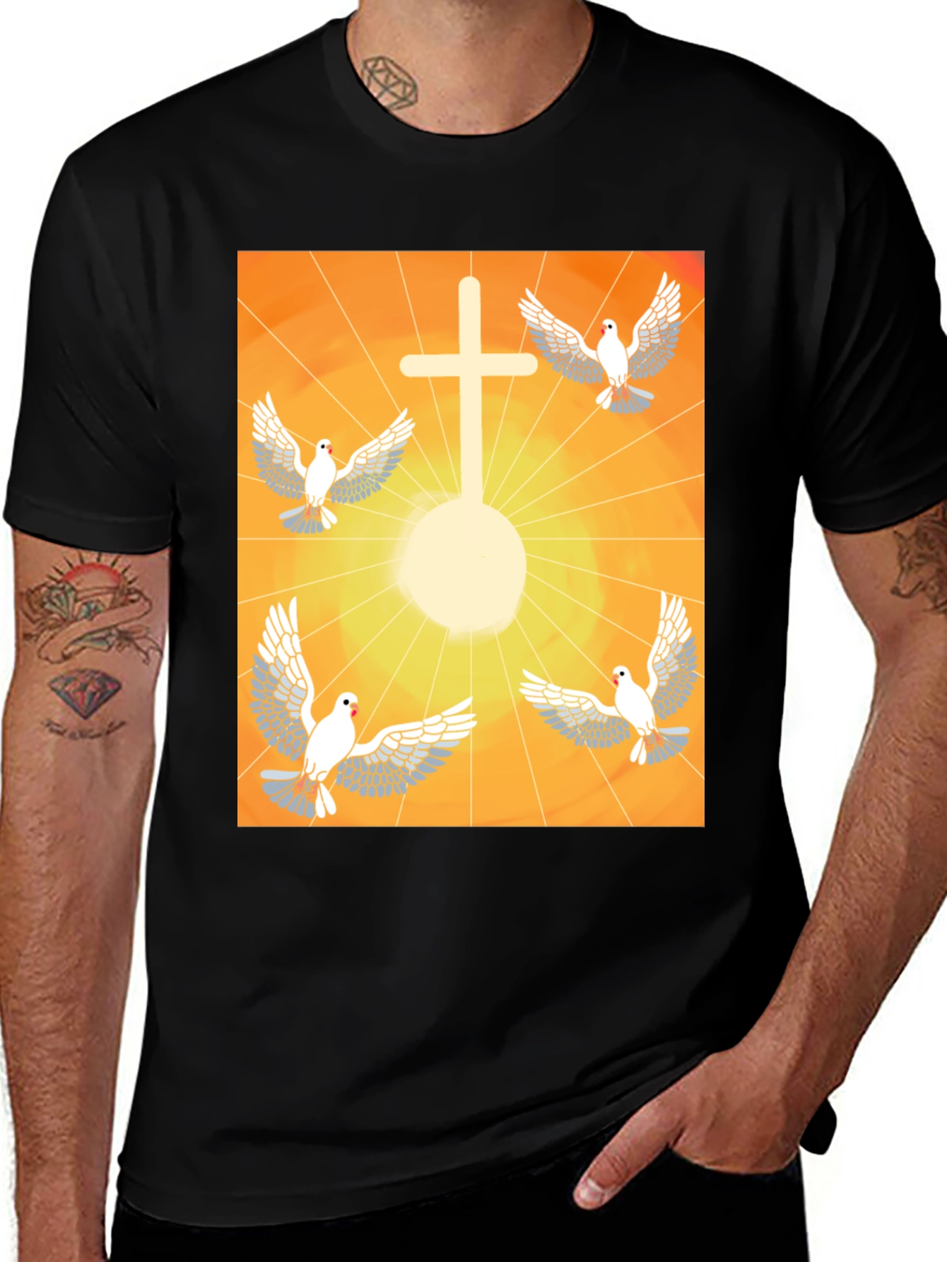 Doves & Cross Graphic Tee - Religious T-Shirt