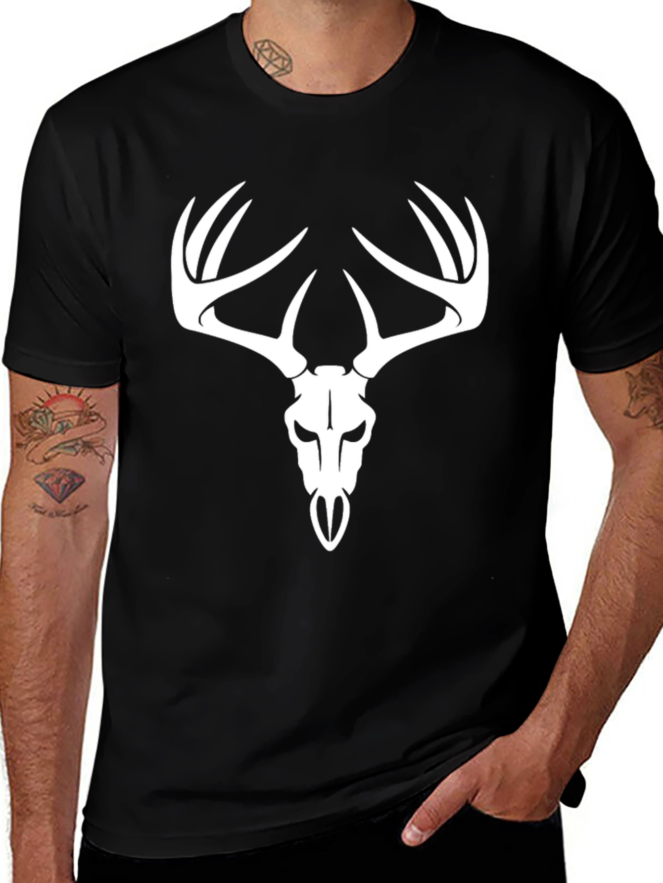 Deer Skull Graphic Tee - Black Cotton T-Shirt