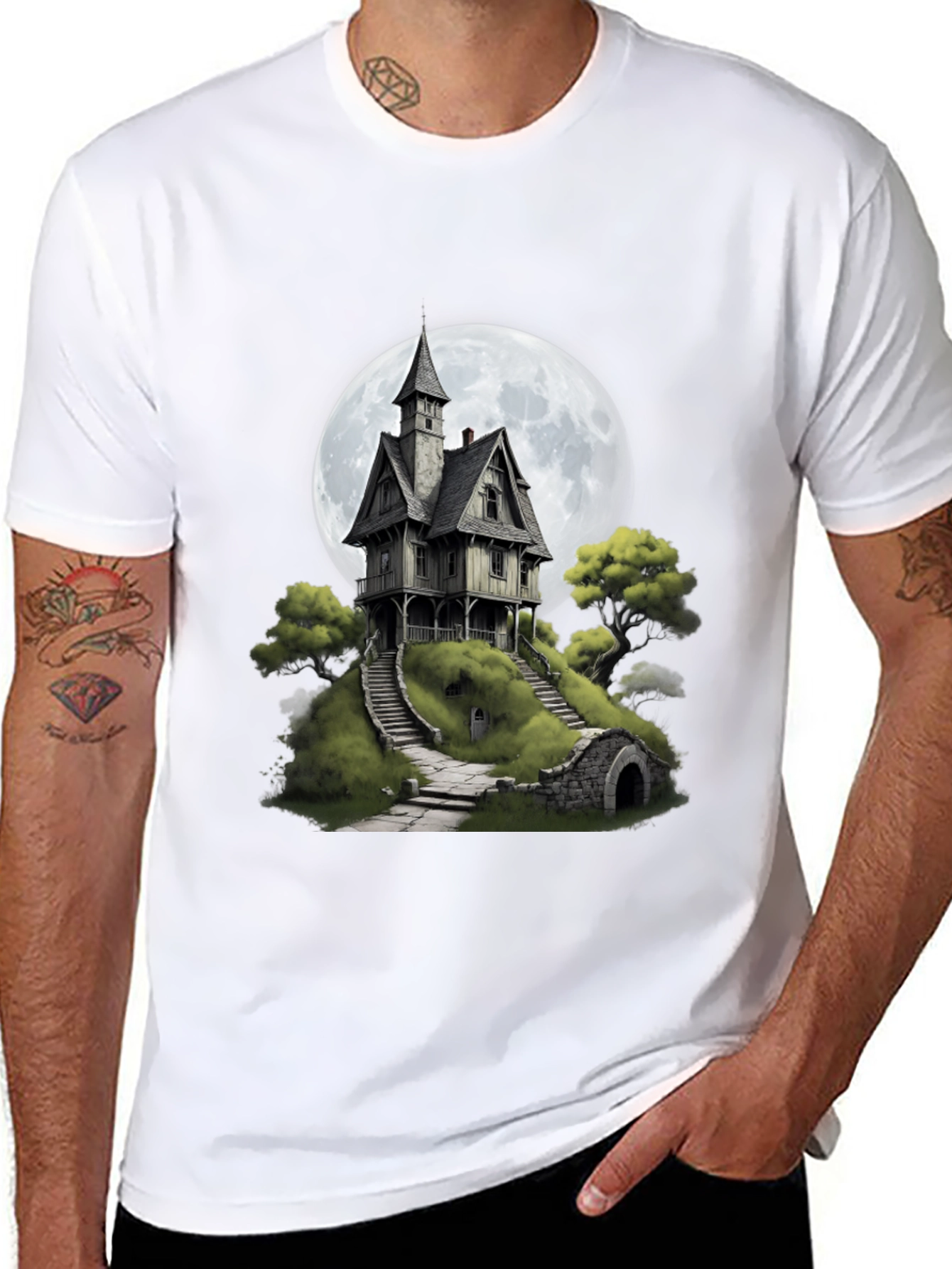 Haunted House T-Shirt - Spooky Full Moon Design