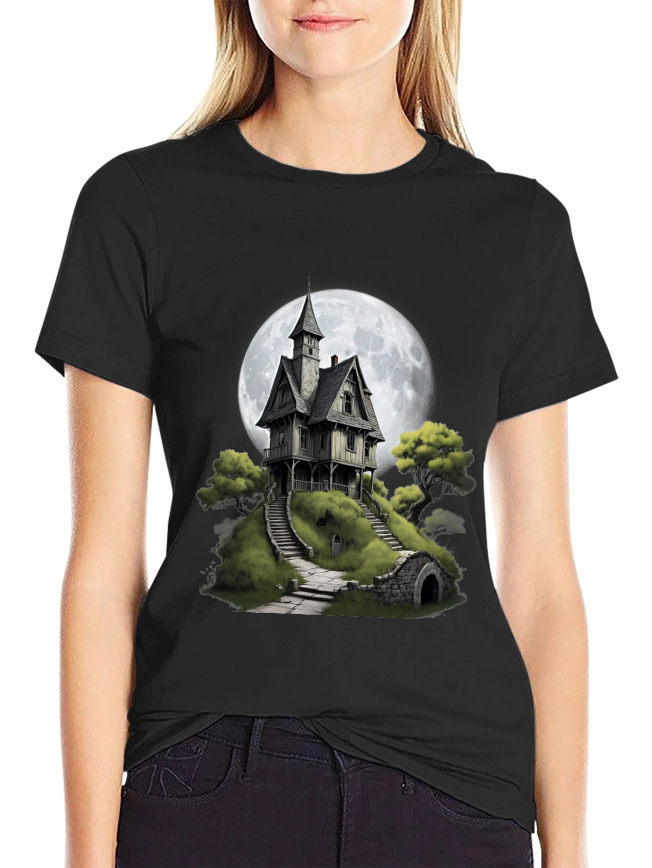 Haunted House T-Shirt - Spooky Full Moon Design