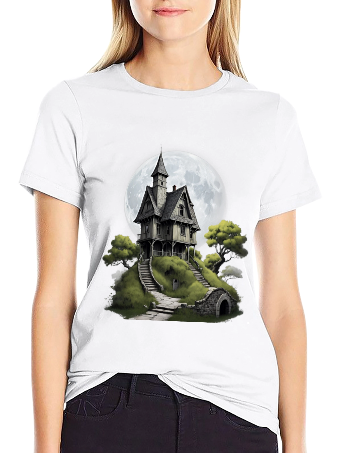 Haunted House T-Shirt - Spooky Full Moon Design