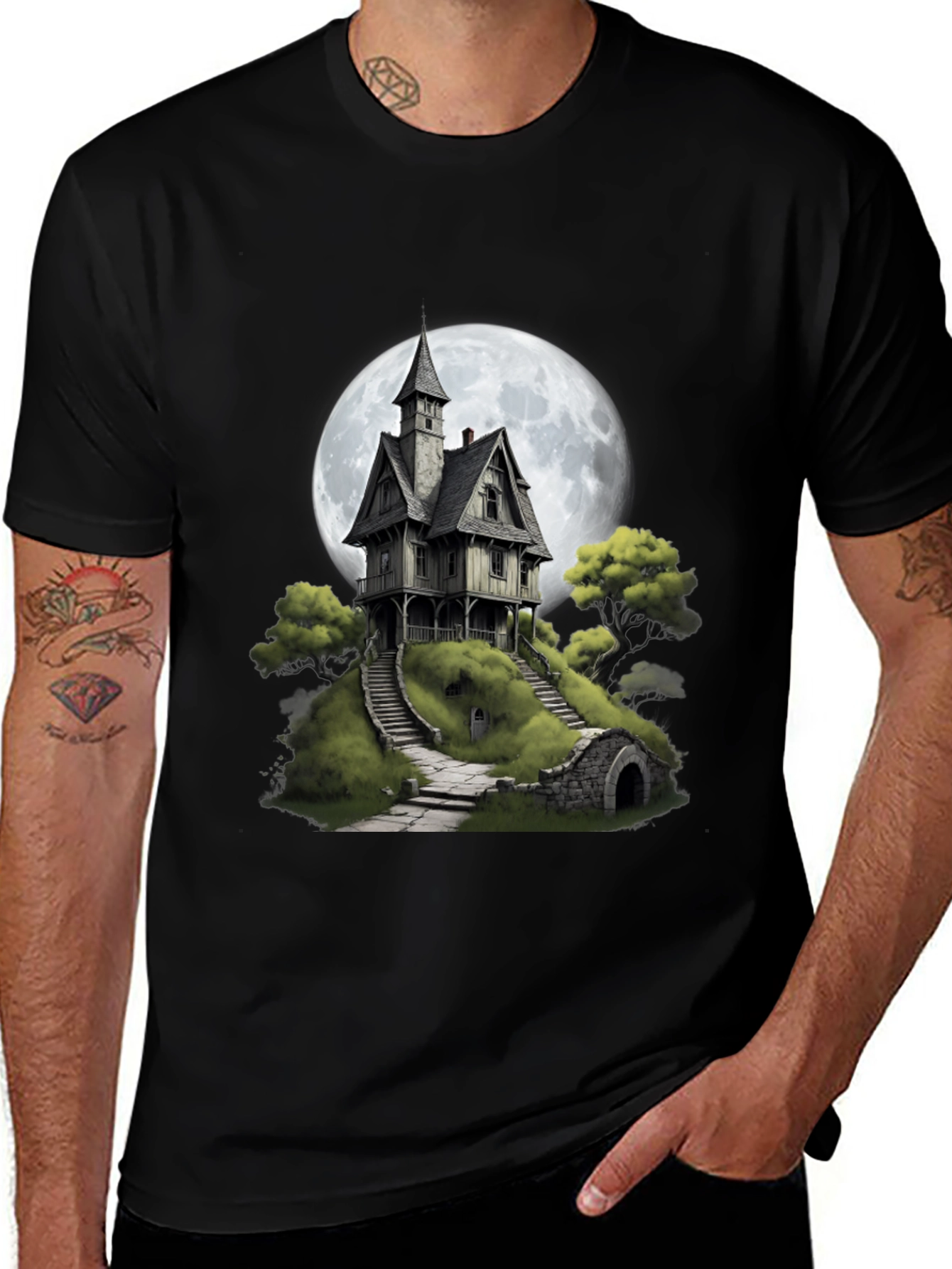 Haunted House T-Shirt - Spooky Full Moon Design