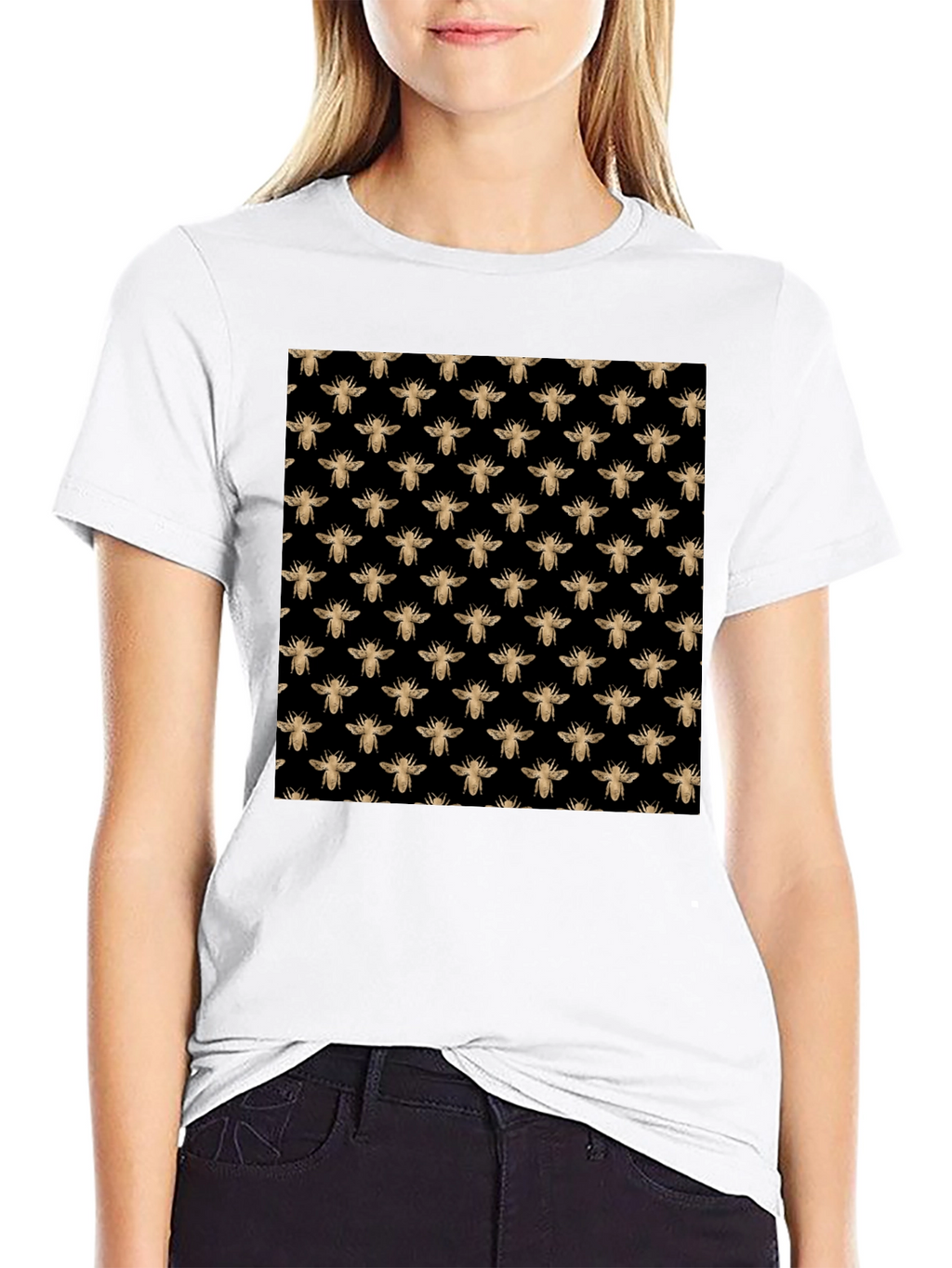 Black Tee with Gold Bee Pattern