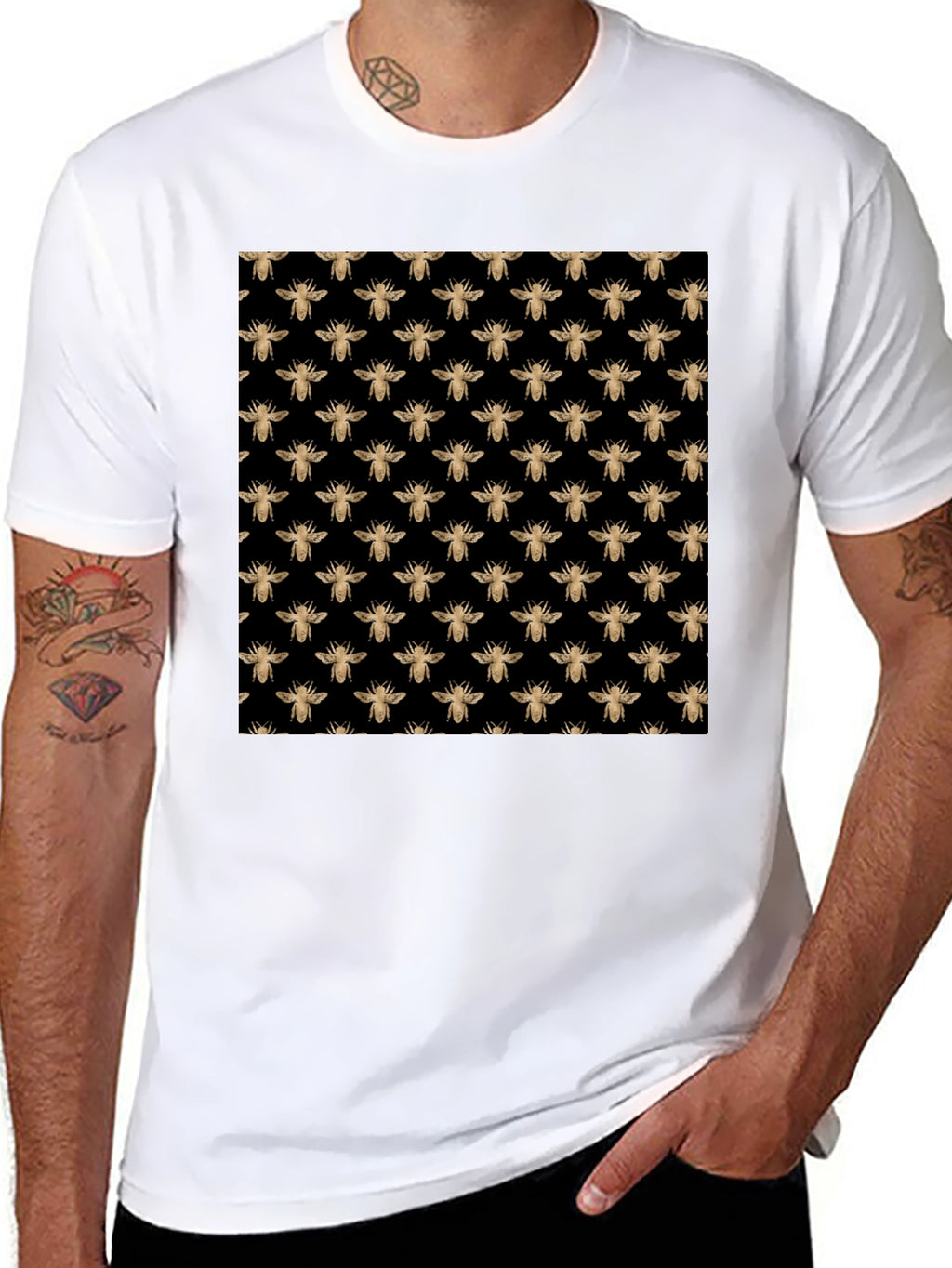 Black Tee with Gold Bee Pattern