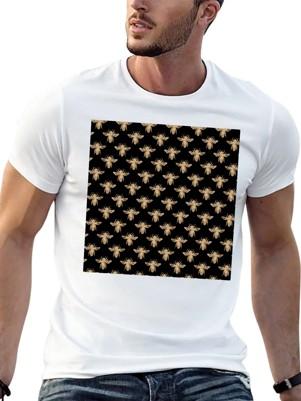 Black Tee with Gold Bee Pattern