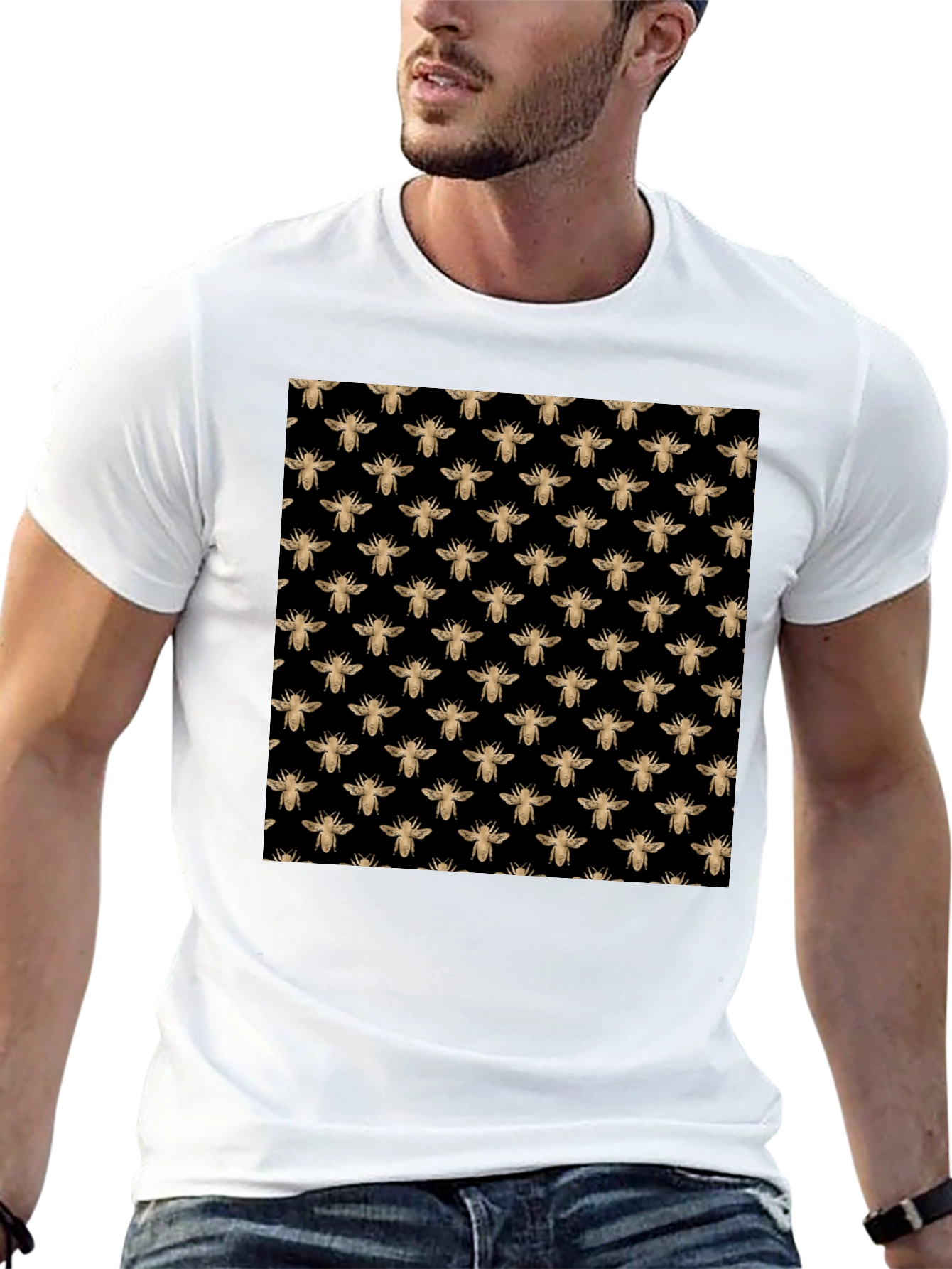 Black Tee with Gold Bee Pattern