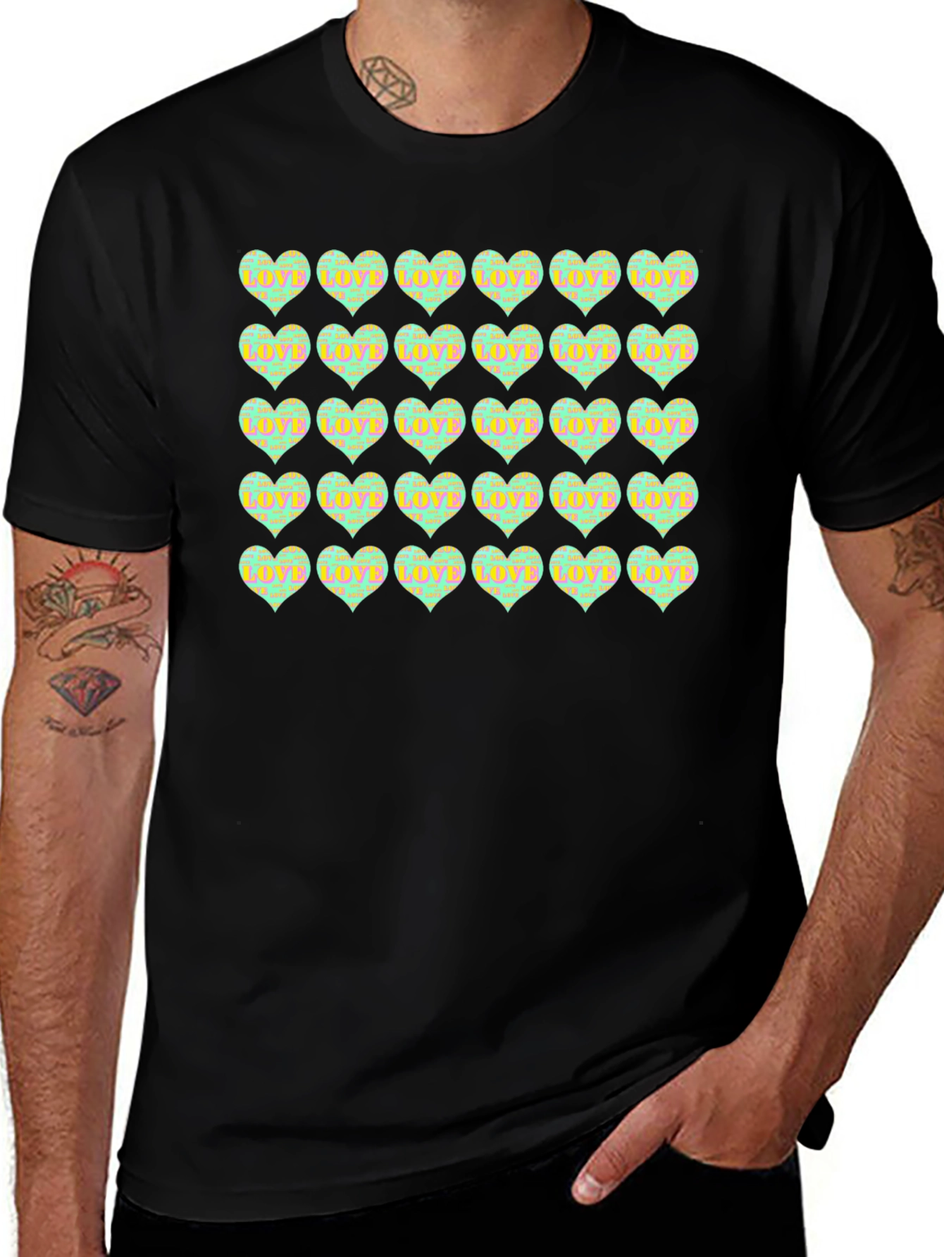 Love Hearts Pattern Black T-Shirt