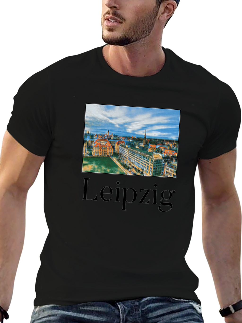 Leipzig Cityscape Graphic Tee - Black Cotton T-Shirt