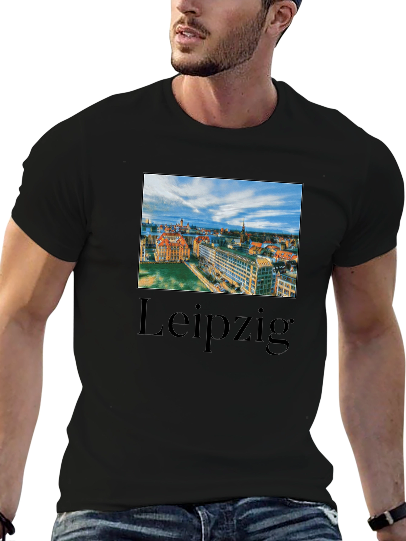 Leipzig Cityscape Graphic Tee - Black Cotton T-Shirt