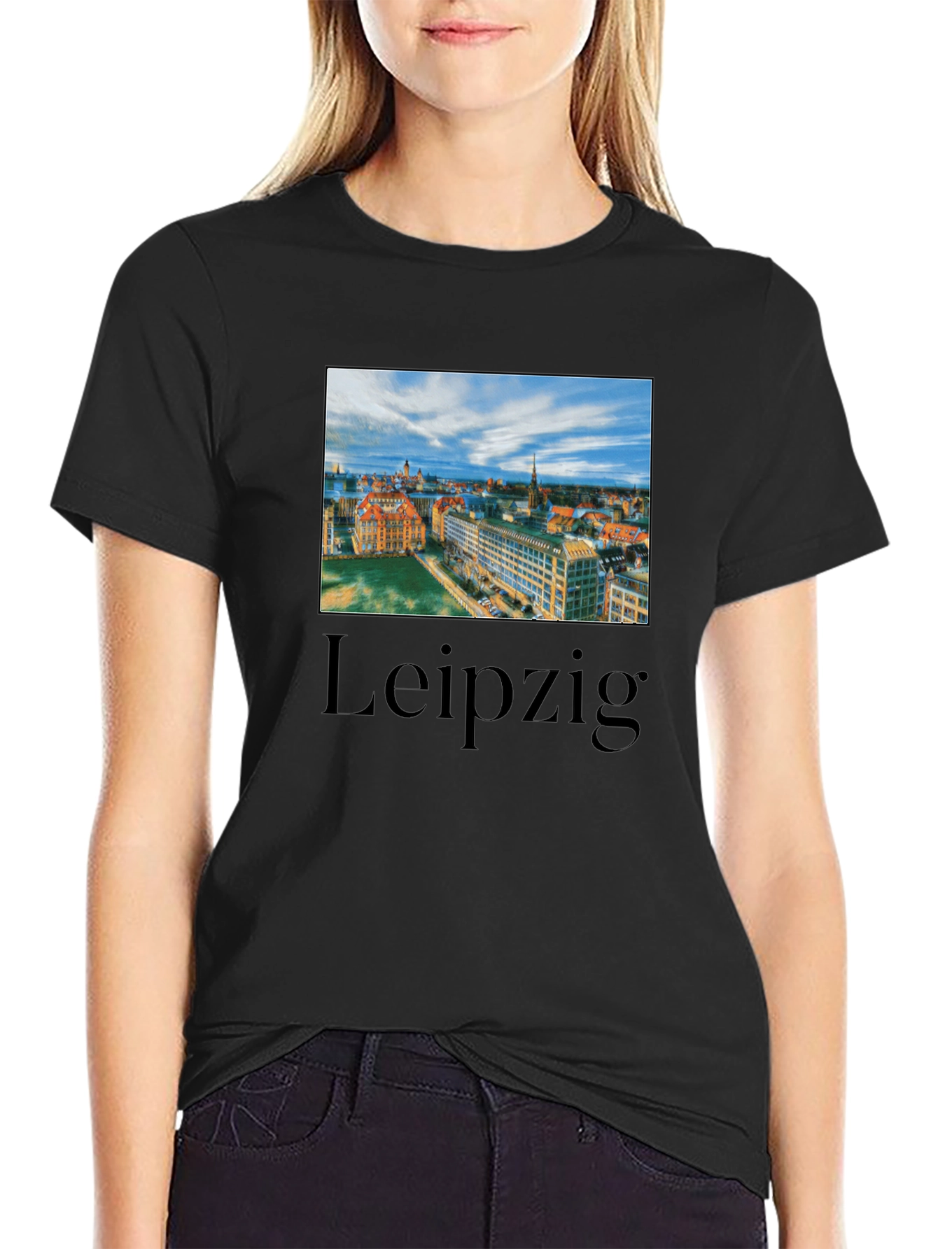 Leipzig Cityscape Graphic Tee - Black Cotton T-Shirt