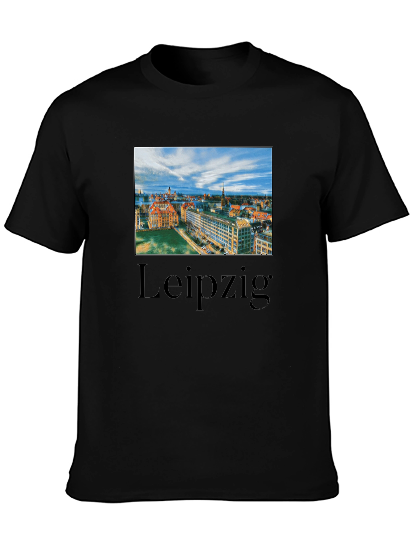 Leipzig Cityscape Graphic Tee - Black Cotton T-Shirt